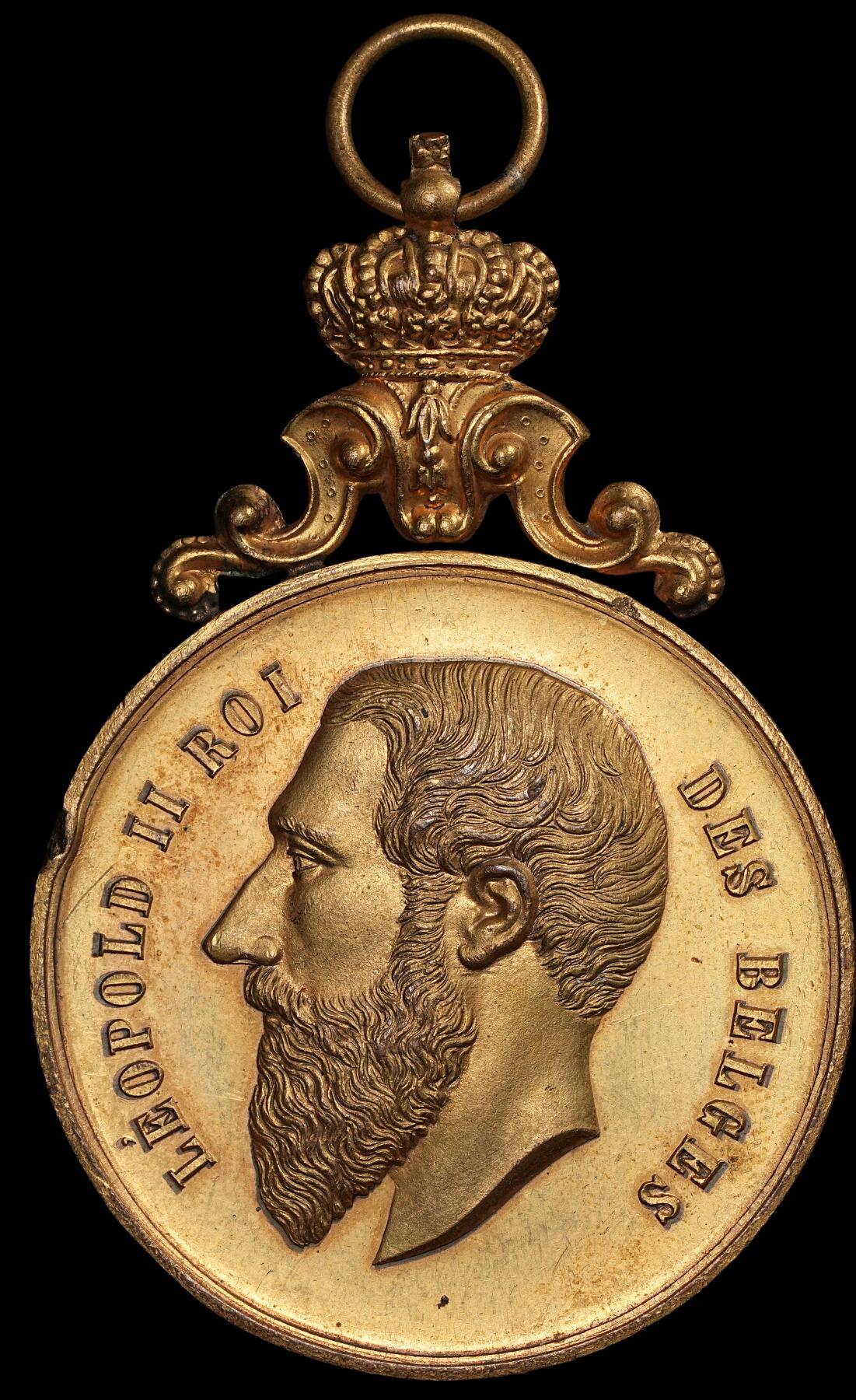 修遠堂世界钱币第五十九期 1907年比利时铜鎏金章 边磕 51.25mm，55g
