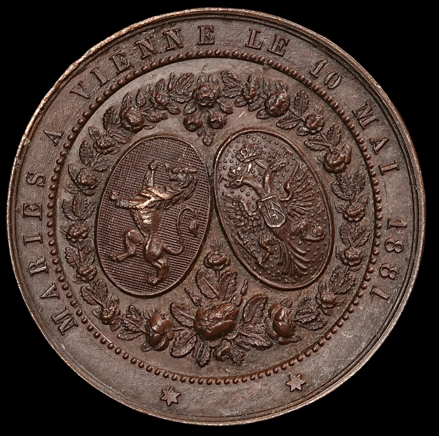 修遠堂世界钱币第五十九期 1881年奥匈帝国皇太子鲁道夫与比利时国王利奥波德二世的女儿斯特凡娜公主在维也纳的奥古斯丁教堂内结婚纪念铜章 边有磕碰 32.47mm，14.81g
