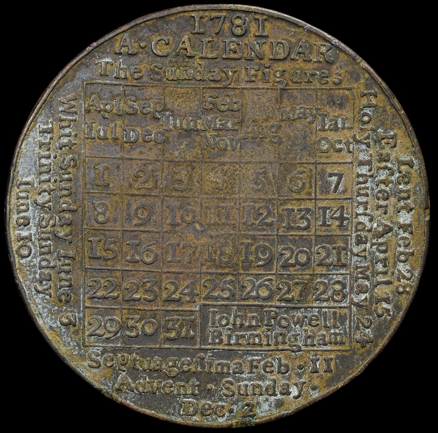 修遠堂世界钱币第五十九期 1781年英国伯明翰日历章 37.70mm，13.50g