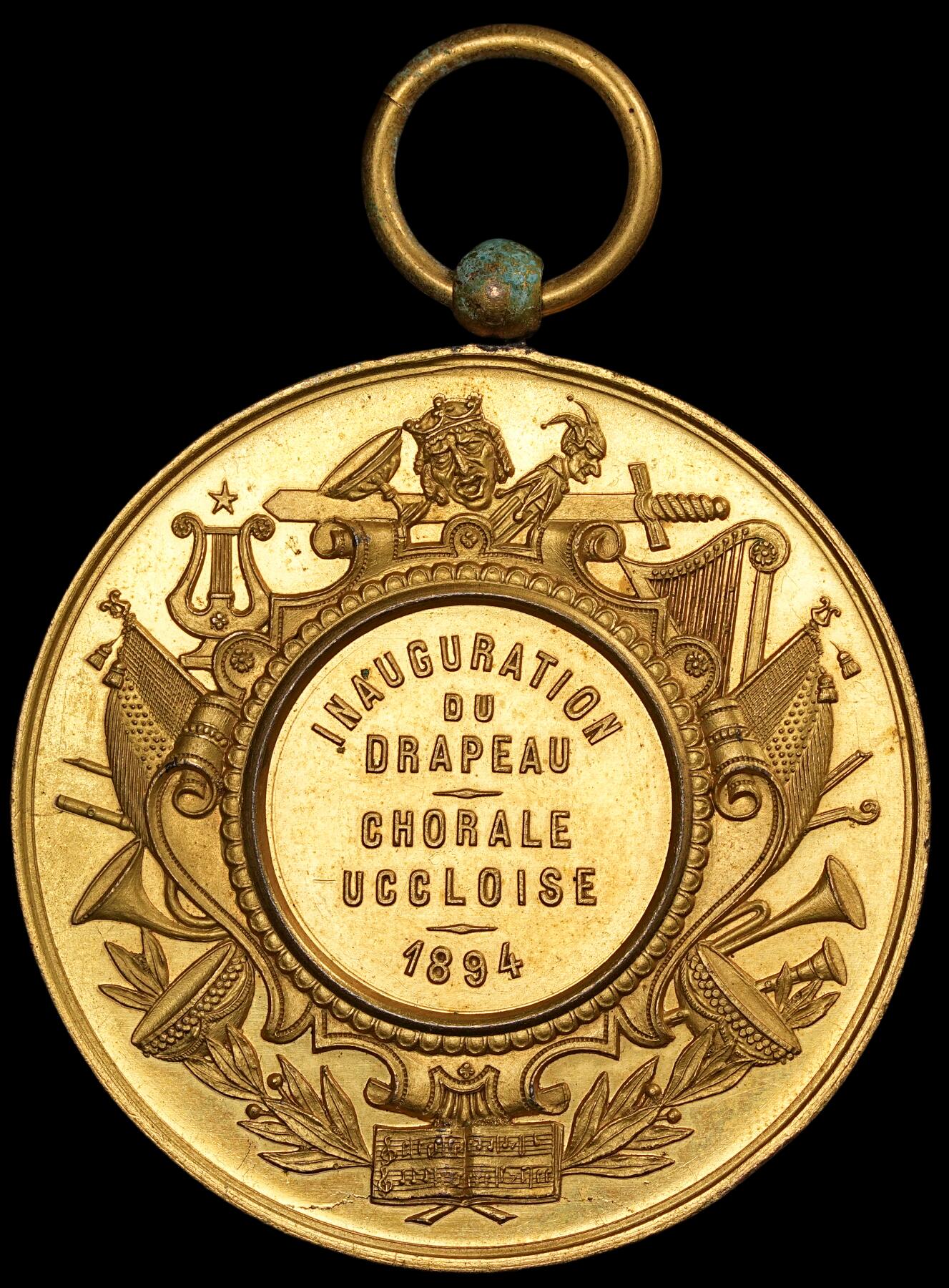 修遠堂世界钱币第五十九期 1894年比利时合唱团高浮雕鎏金铜章 50.60mm，44.91g