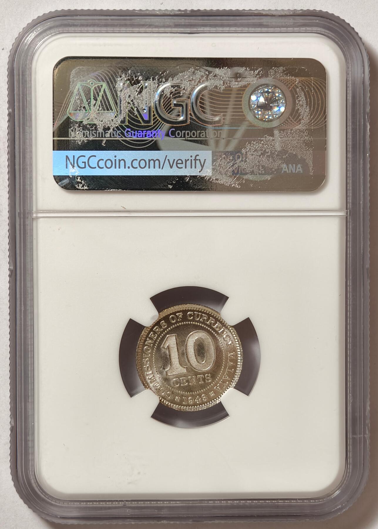 紫瑗钱币——第518期 马来亚 1943年 乔治六世 10分 银币 NGC MS63
