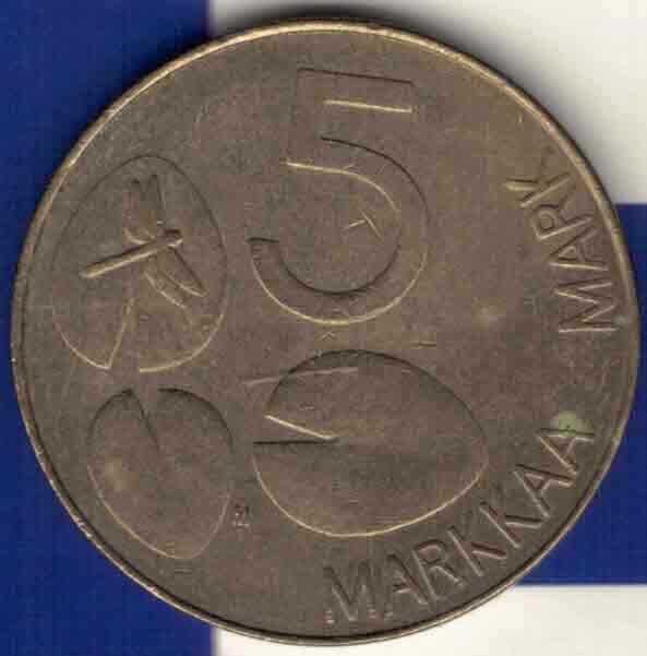 芬兰1993年5马克 字边 实物图 近九品