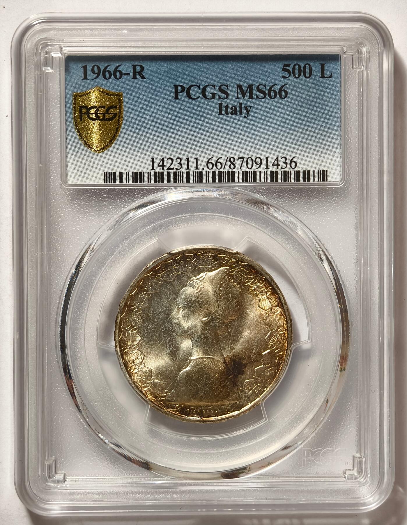 紫瑗钱币——第520期 意大利 1966年 R版 少女与帆船 500里拉 银币 PCGS MS66 淡彩