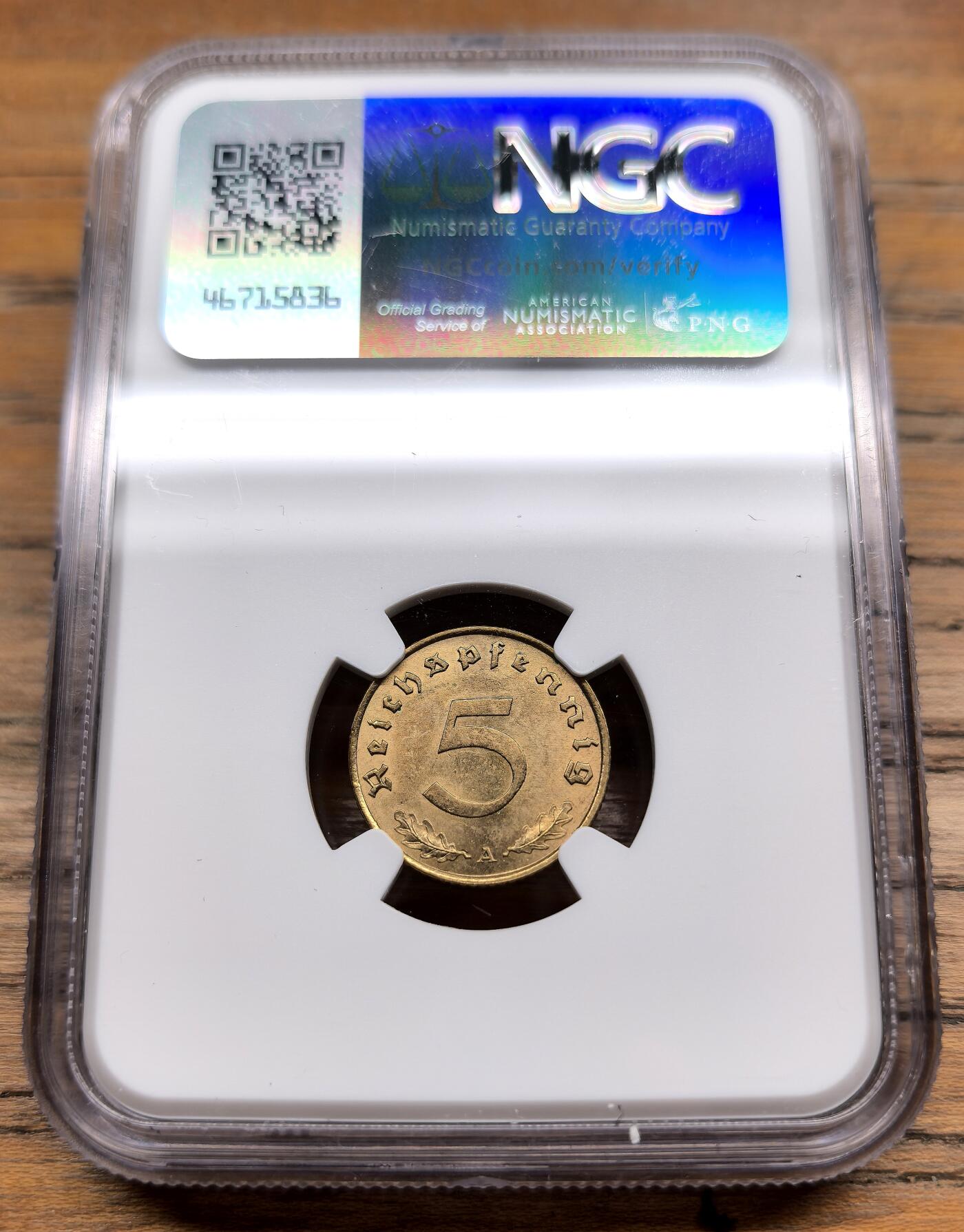 凡希社世界钱币微拍第二百九十八期 1939A德国万字5芬尼NGC-MS62