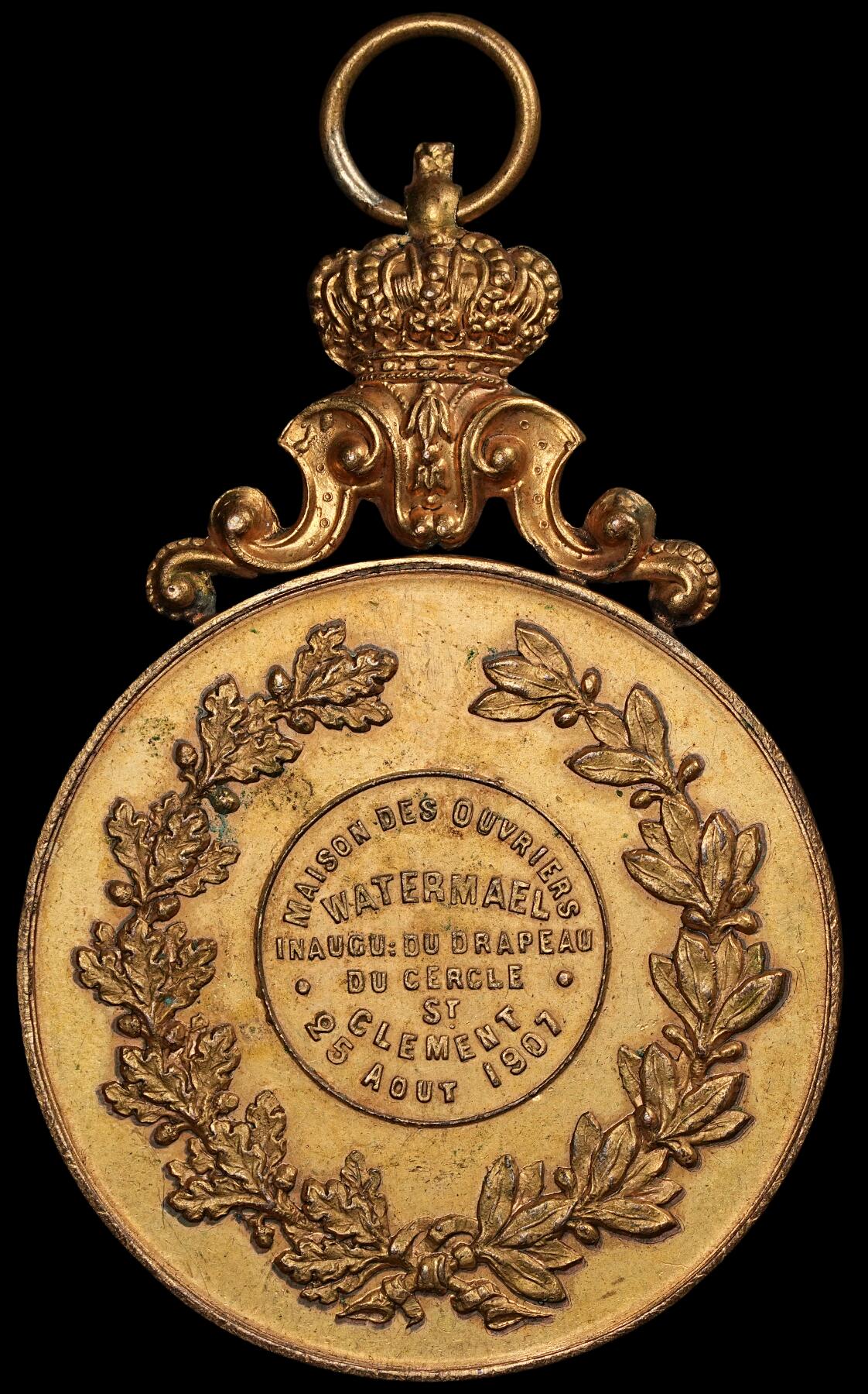 修遠堂世界钱币第五十九期 1907年比利时铜鎏金章 边磕 51.25mm，55g