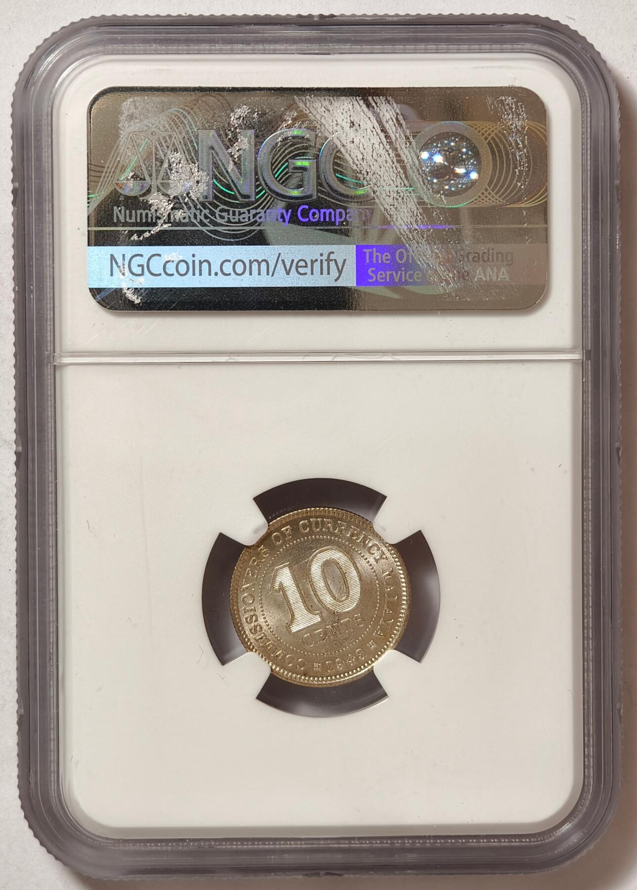 紫瑗钱币——第520期 马来亚 1943年 乔治六世 10分 银币 NGC MS62