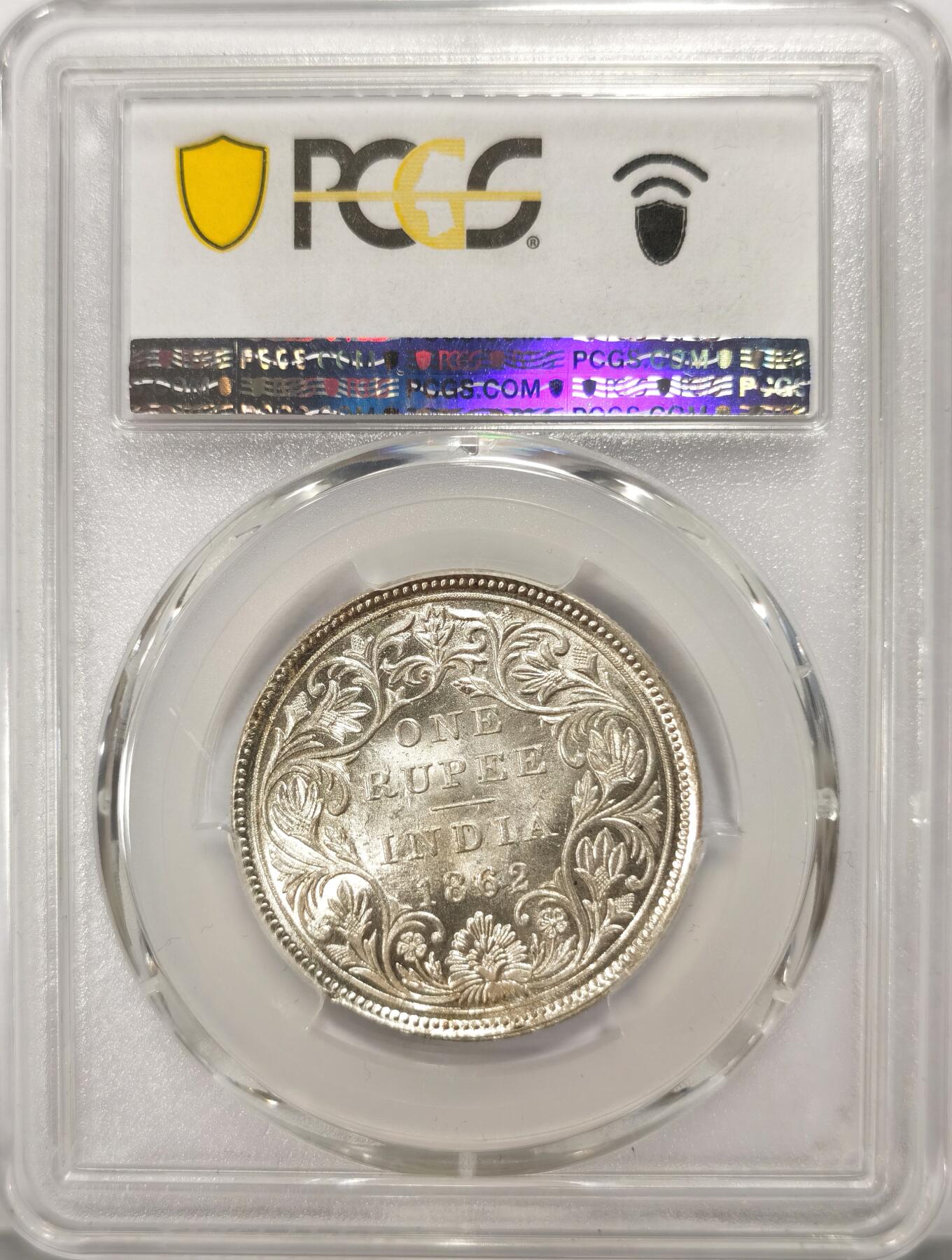 博洋堂“不负春光”二月精品专场暨第112期（全场包邮） PCGS MS63 英属印度1862年维多利亚1卢比银币，BU高分干净漂亮
