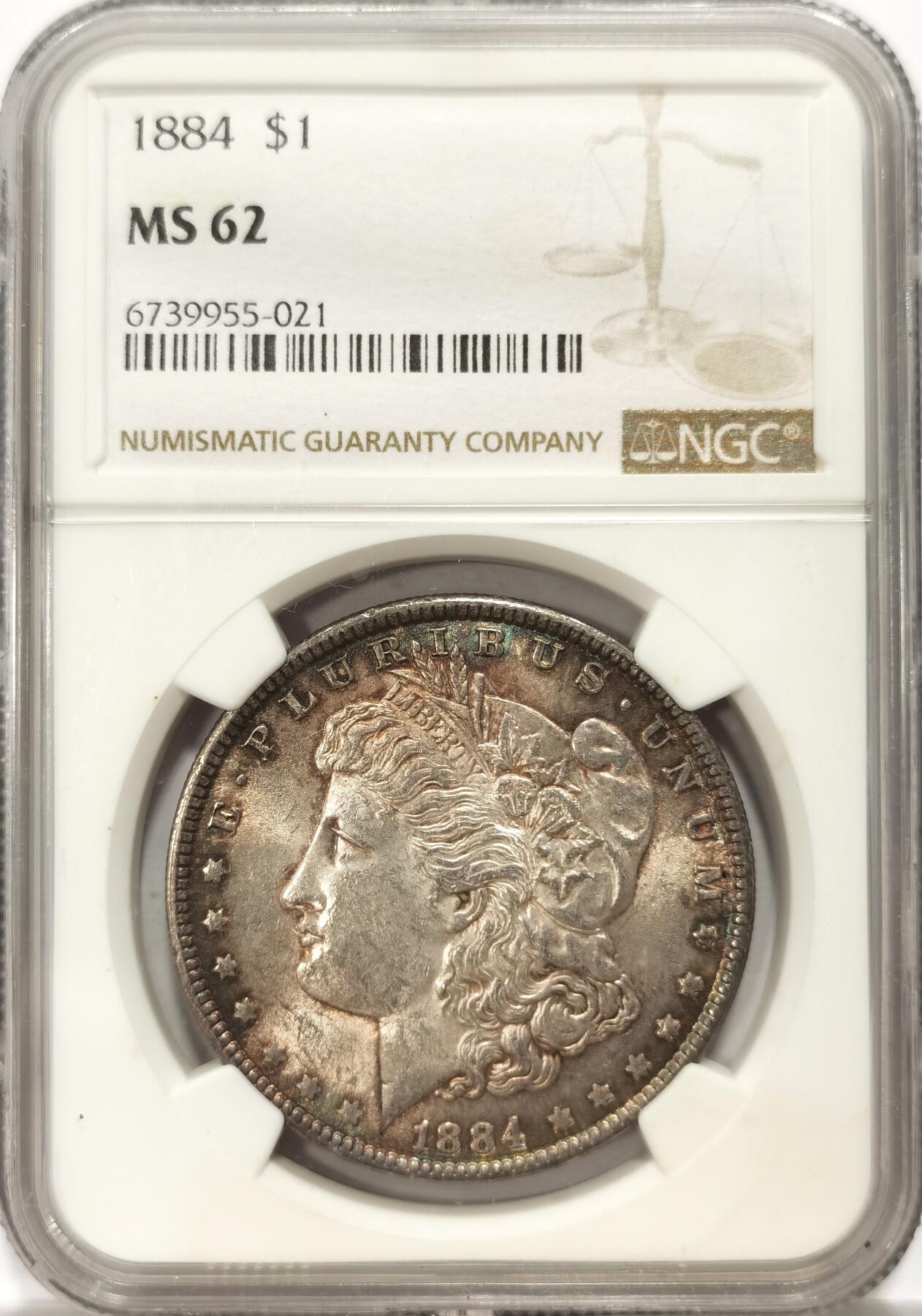 博洋堂“不负春光”二月精品专场暨第112期（全场包邮） NGC MS62 美国1884年摩根银币，彩色包浆