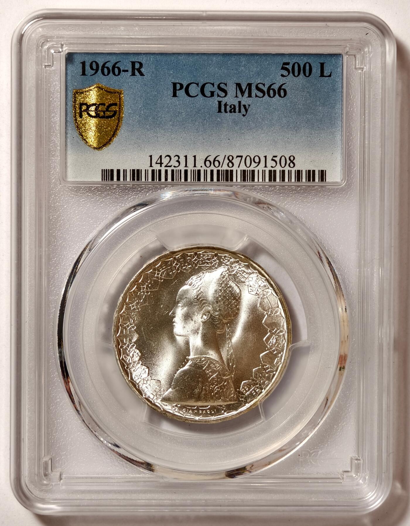 紫瑗钱币——第518期 意大利 1966年 R版 少女与帆船 500里拉 银币 PCGS MS66