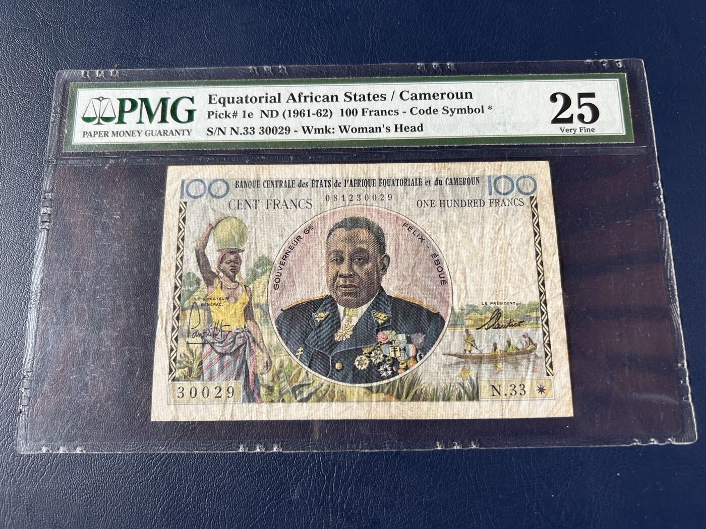 收藏联盟Quantum Auction 第410期拍卖 @征集拍品 长期供货可享分佣福利  1961-62年赤道非洲 喀麦隆 100法郎 PMG25