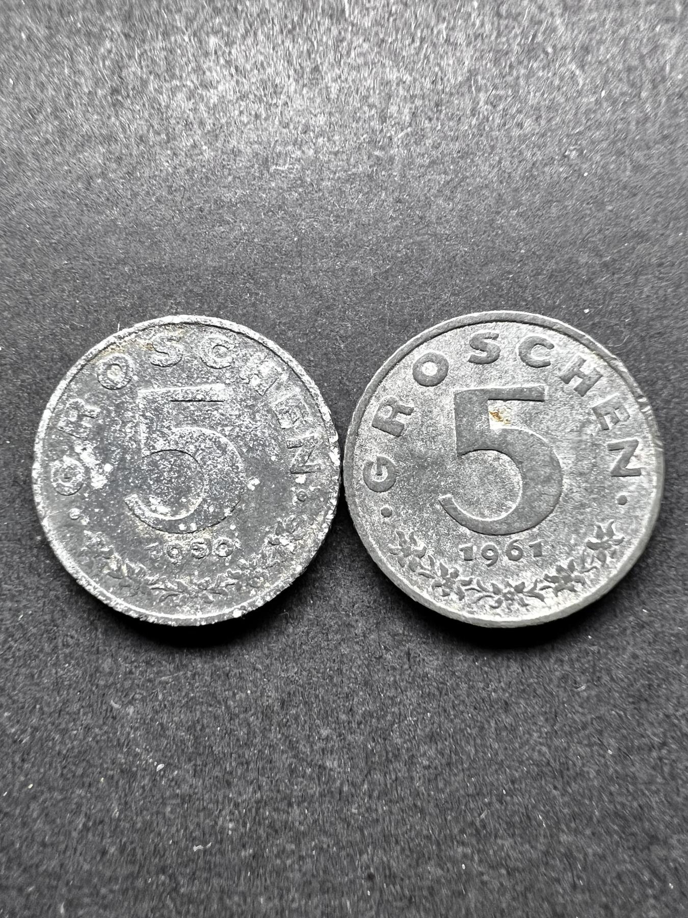 聚福钱庄★世界钱币第三期 无佣金 可寄存 满百包邮  奥地利1960-1961年5格罗申锌币2枚