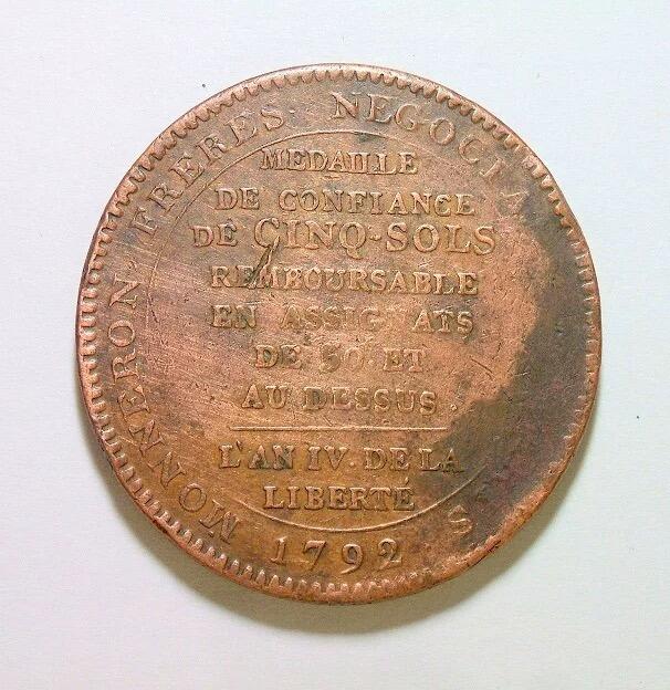 法国1792年 大革命莫奈龙5索尔高浮雕大铜币章 40MM   