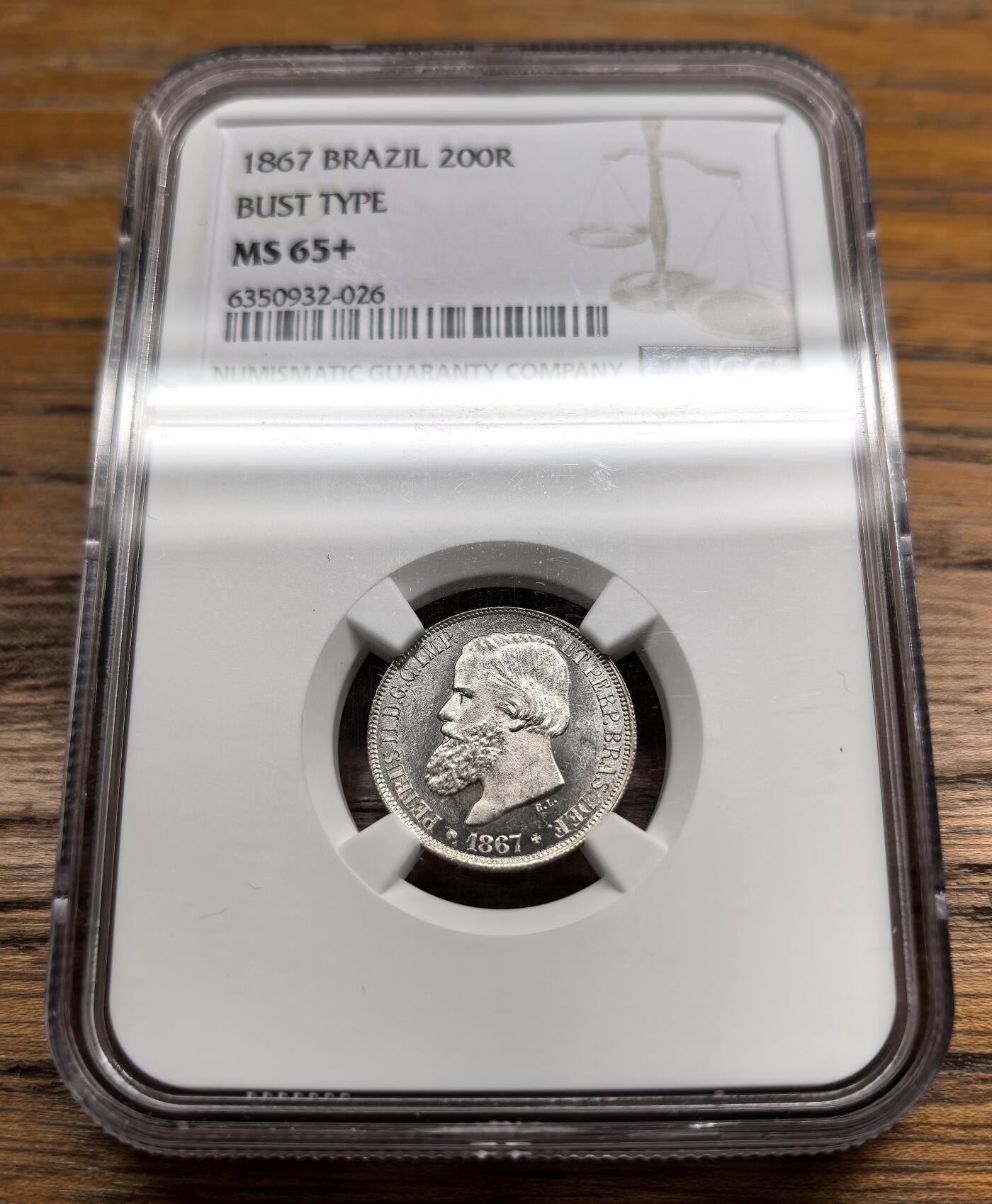 凡希社世界钱币微拍第二百九十八期 1867巴西佩德罗二世200R银币NGC-MS65+，超高分收藏级！