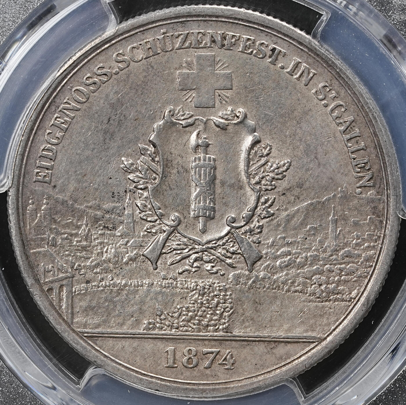 修遠堂世界钱币第五十九期 PCGS AUD 1874年瑞士圣加仑射击节5法郎大银币 仅铸造1.5万枚