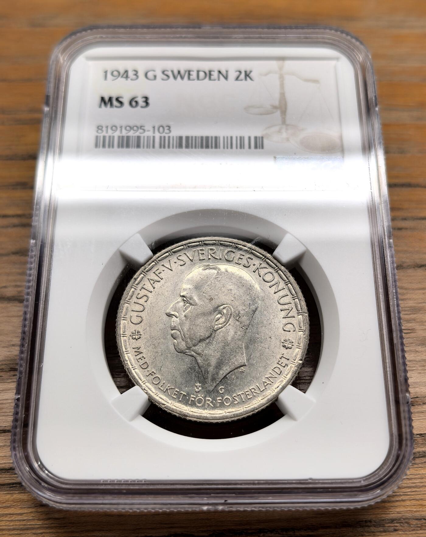 凡希社世界钱币微拍第二百九十八期 1943瑞典2克朗银币NGC-MS63
