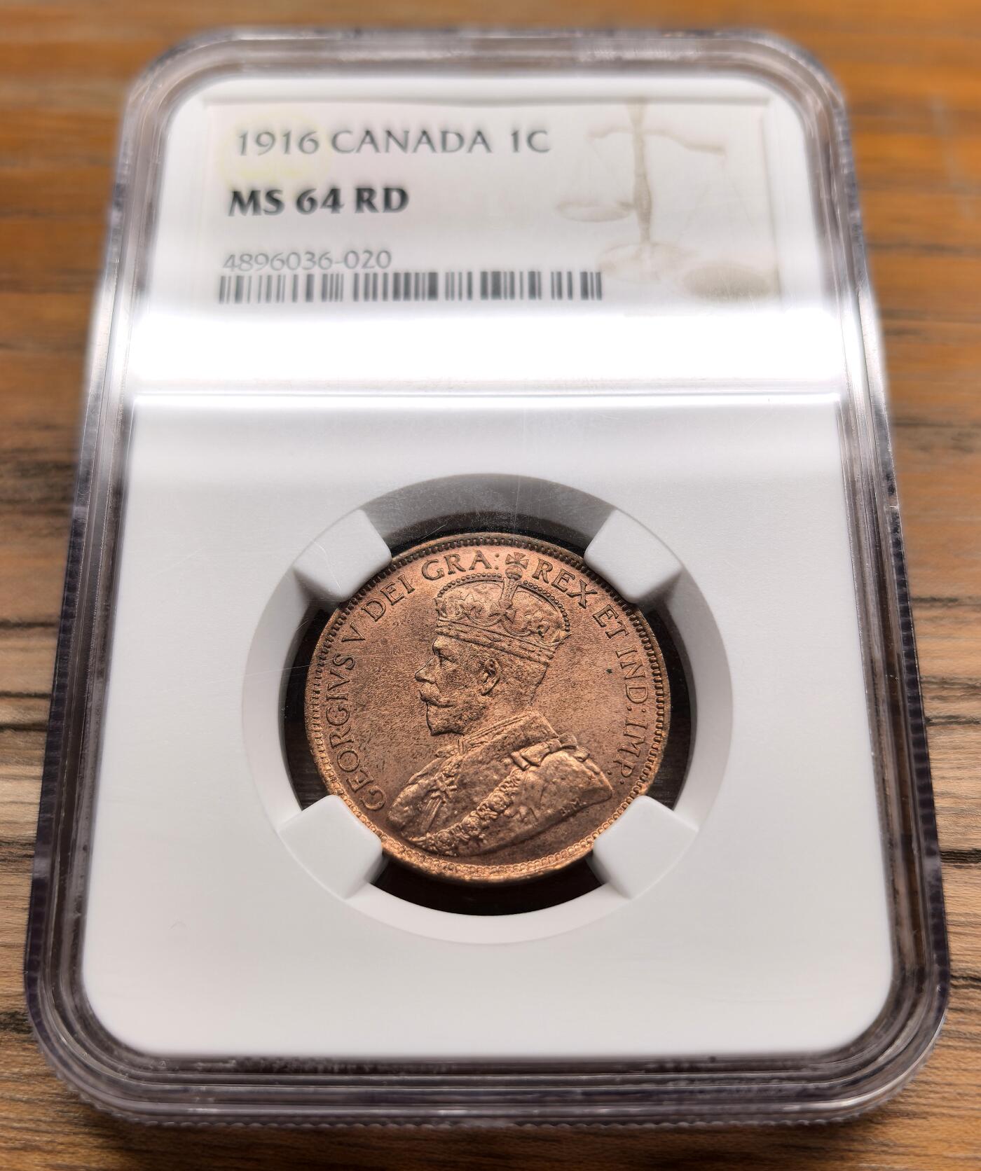 凡希社世界钱币微拍第二百九十八期 1916加拿大乔五CENT铜币NGC-MS64RD，原铜光品！