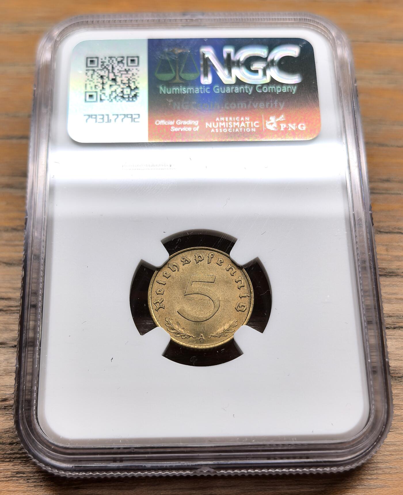 凡希社世界钱币微拍第二百九十八期 1939A德国万字5芬尼NGC-MS64