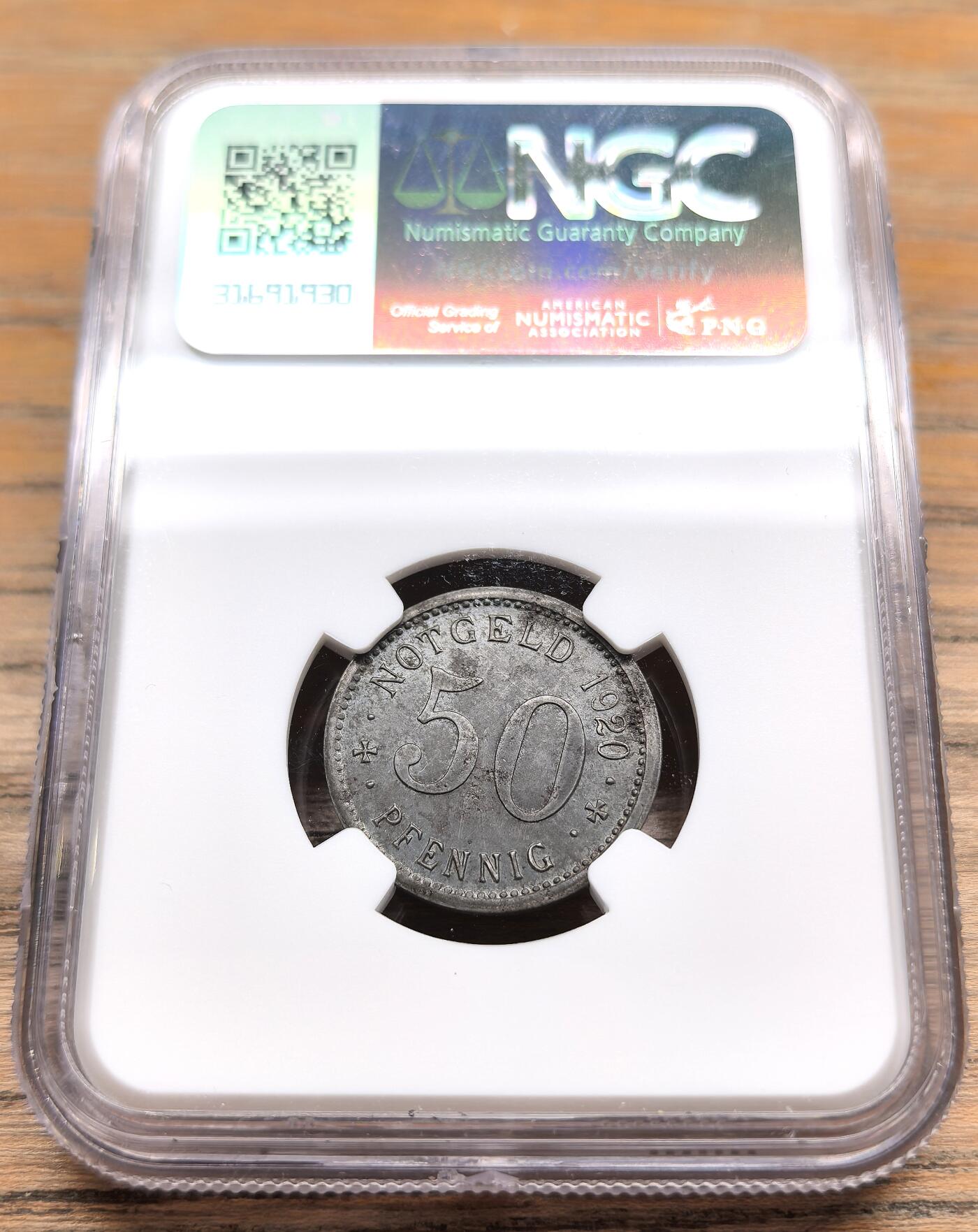 凡希社世界钱币微拍第二百九十八期 1920德紧门登市恐龙50芬尼铁币NGC-MS62