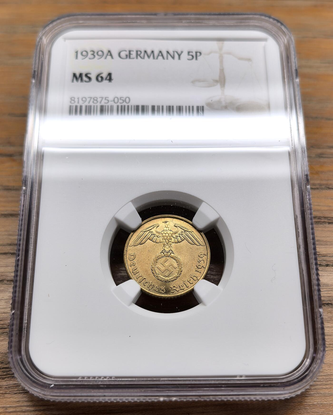 凡希社世界钱币微拍第二百九十八期 1939A德国万字5芬尼NGC-MS64
