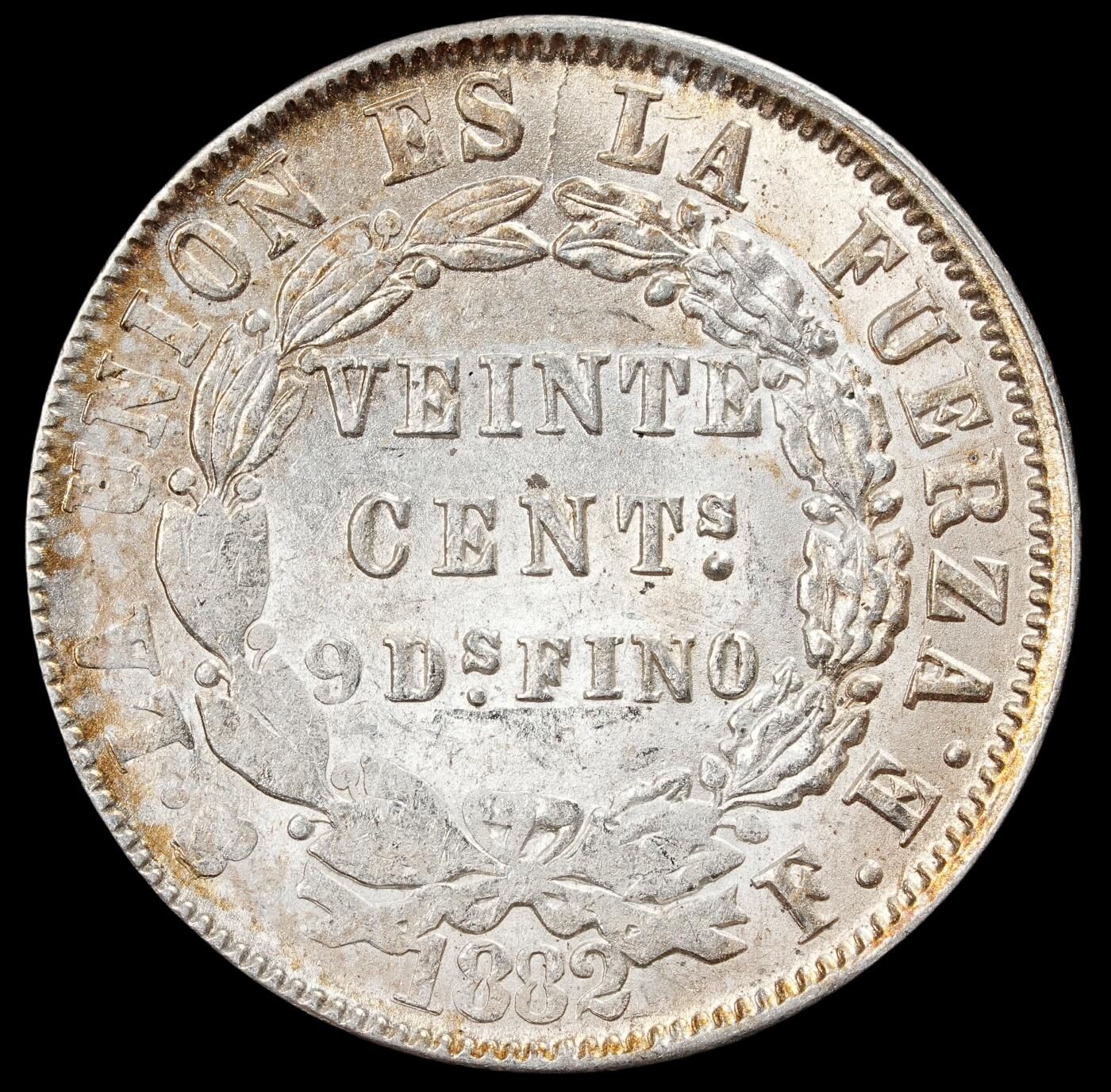 修遠堂世界钱币第五十九期 1882年玻利维亚20分银币 未流通 4.62g