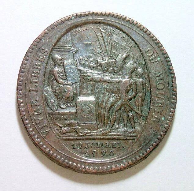 法国1792年 大革命莫奈龙5索尔高浮雕大铜币章 40MM