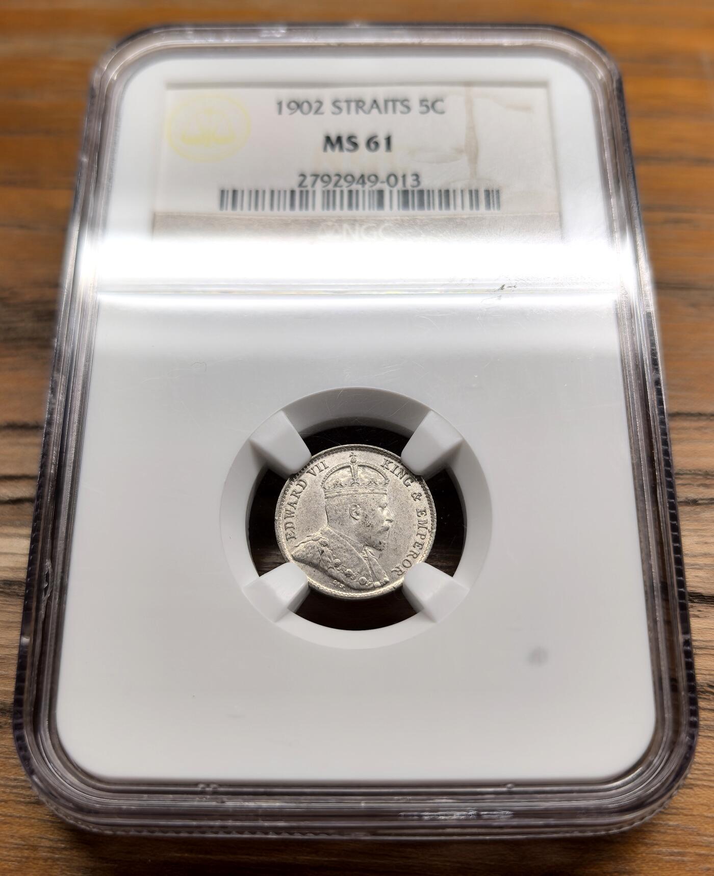 凡希社世界钱币微拍第二百九十八期 1902海峡殖民地爱七5分银币NGC-MS61