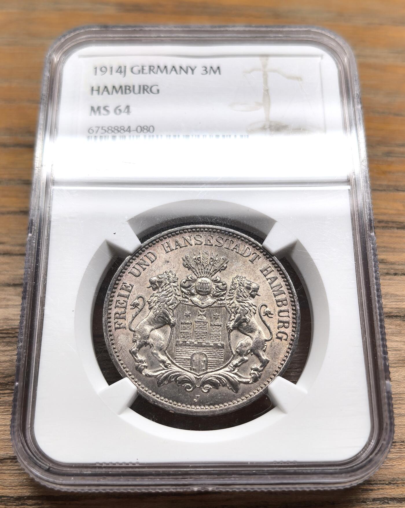 凡希社世界钱币微拍第二百九十八期 1914J德国汉堡3马克银币NGC-MS63