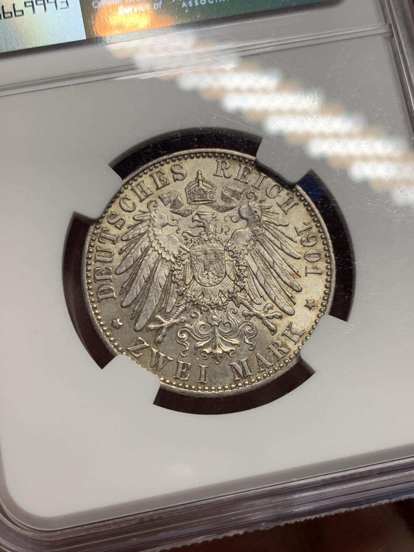 《竞宝斋》第358场 周日，周一  2场连拍 （全场包邮） NGC MS61 德国普鲁士1901年建国200周年纪念2马克银币