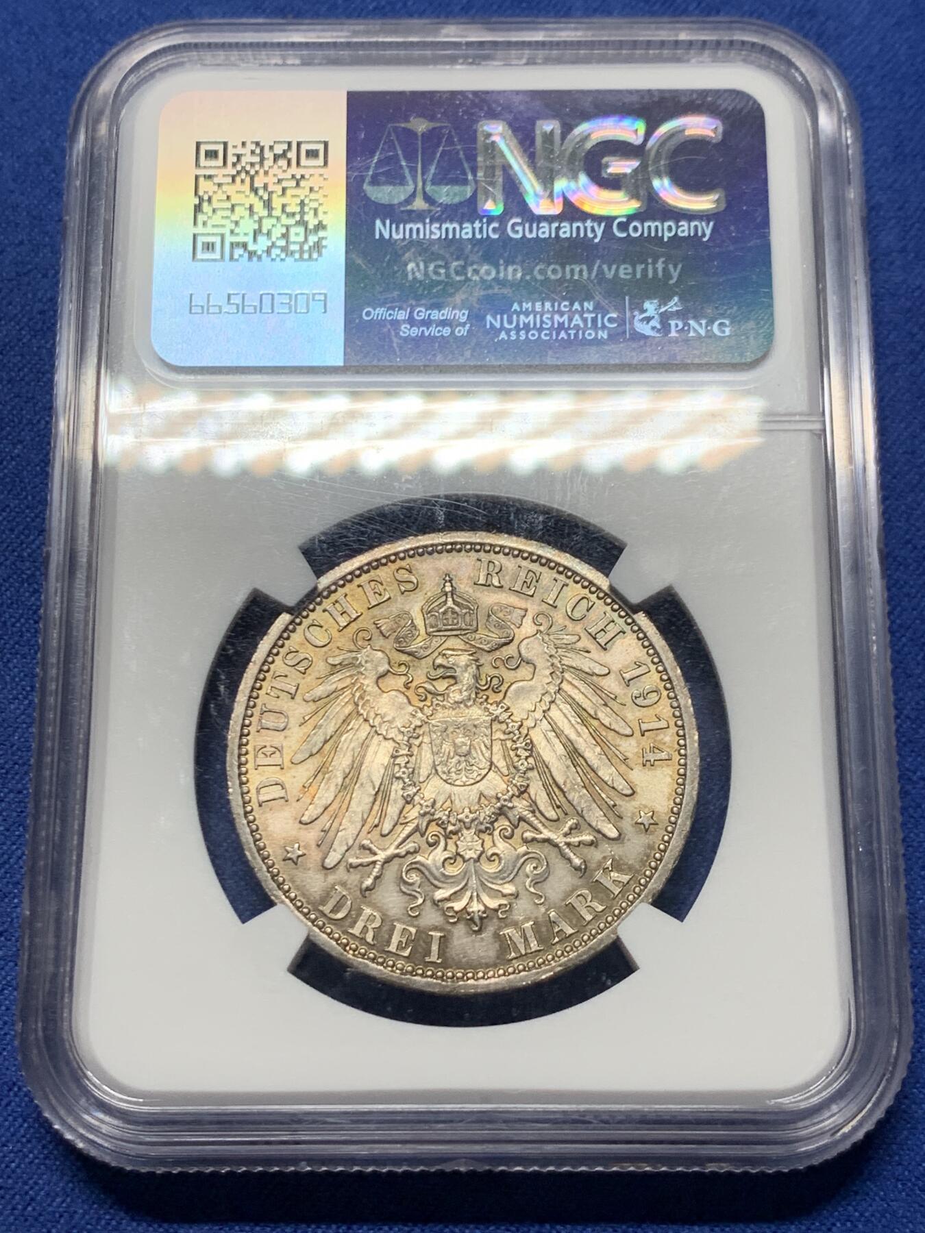 《竞宝斋》第358场 周日，周一  2场连拍 （全场包邮） NGC MS62 德国1914年普鲁士威廉二世军装3马克银币 数量比花枝版稀少