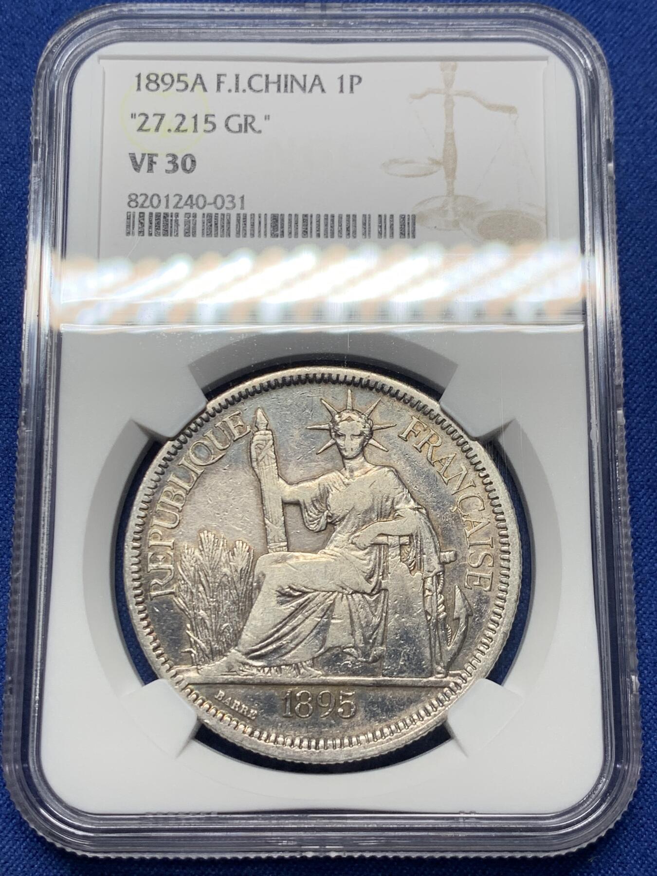 《竞宝斋》第358场 周日，周一  2场连拍 （全场包邮） NGC VF30 法属印支1895A加重坐洋1皮亚斯特银币