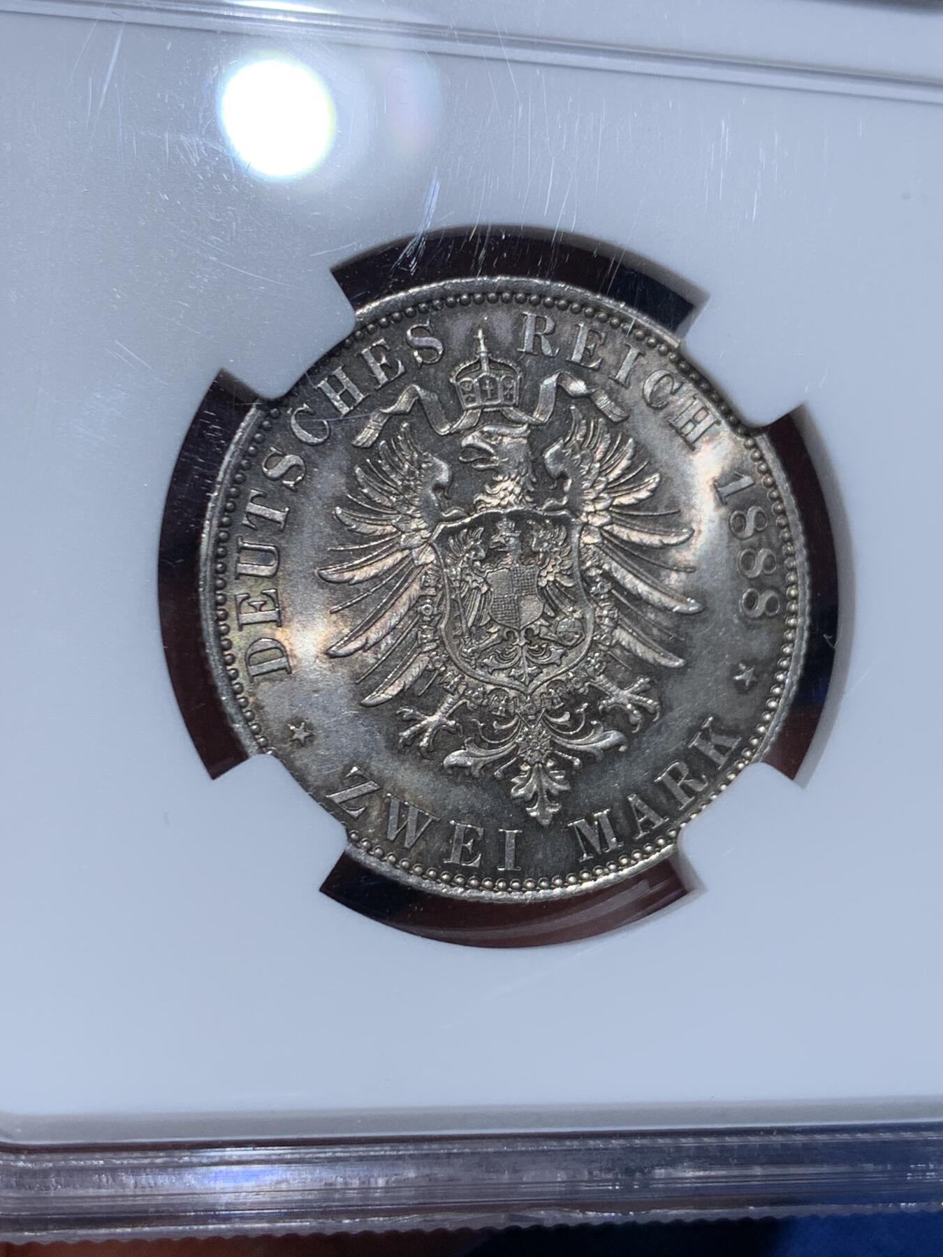 《竞宝斋》第358场 周日，周一  2场连拍 （全场包邮） NGC MS63 德国1888年弗里德里希2马克银币 状态不错