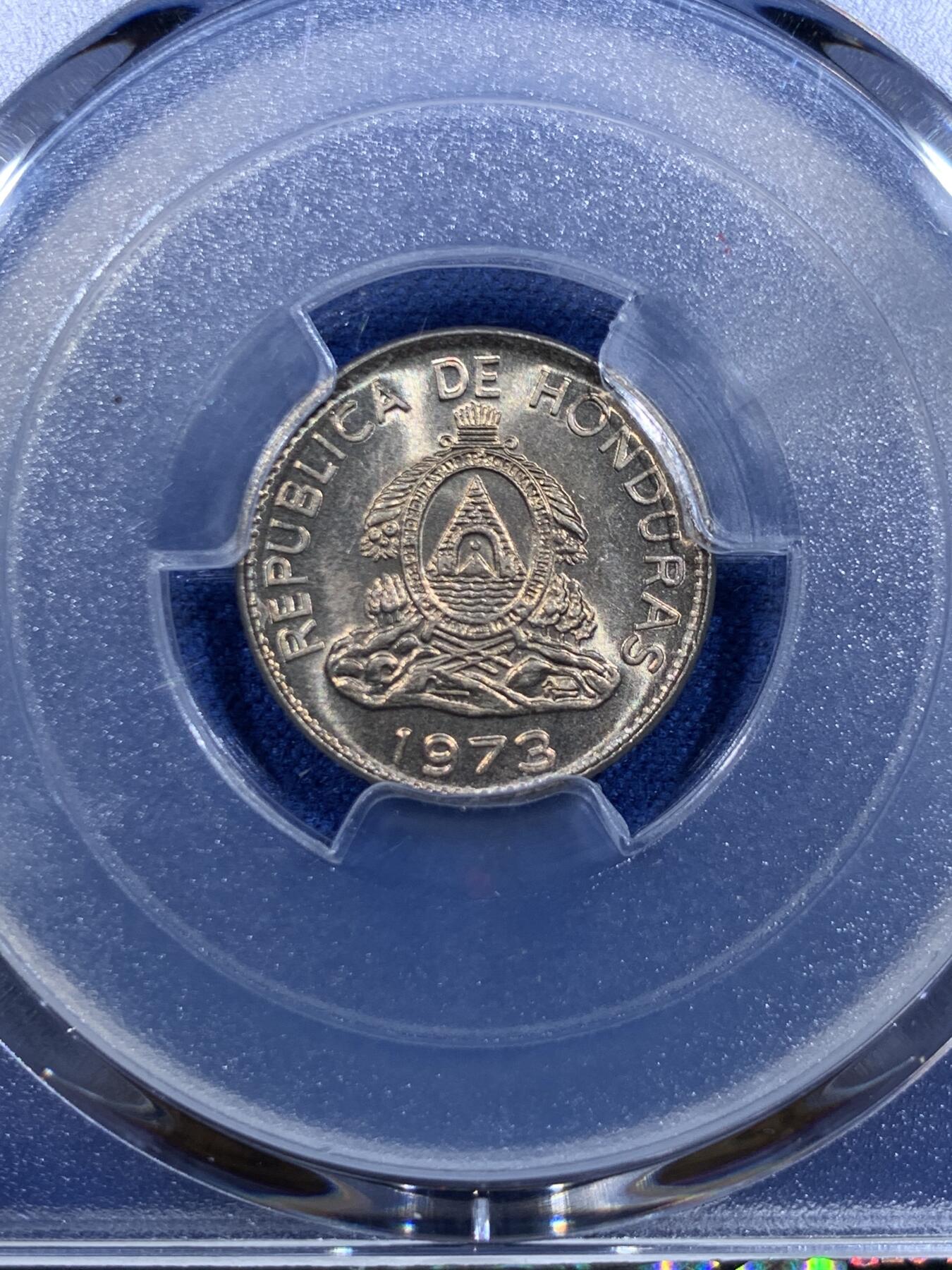 《竞宝斋》第358场 周日，周一  2场连拍 （全场包邮） PCGS MS65 洪都拉斯 1973年 20分 镍币 少见品种 黄油包浆 状态很好