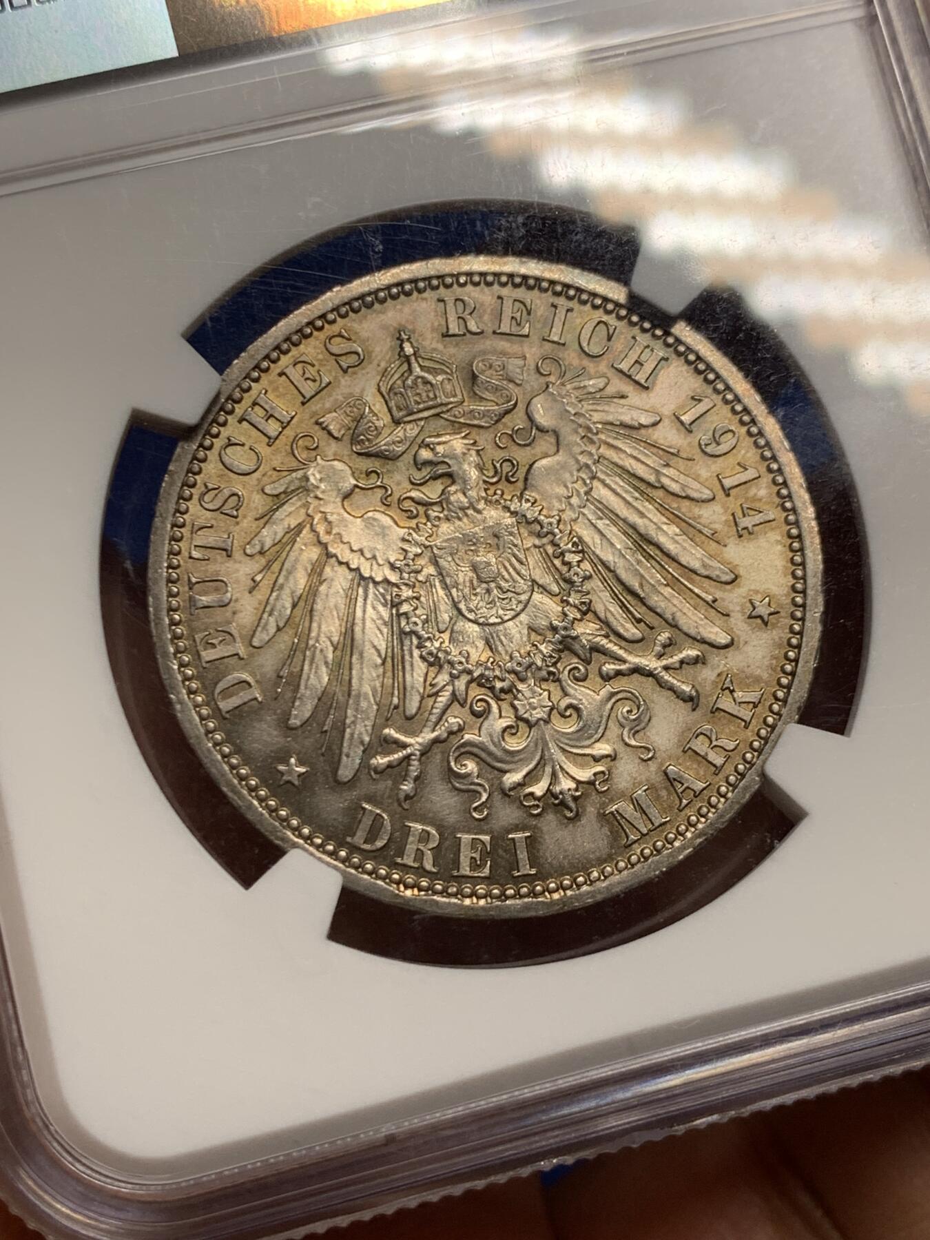《竞宝斋》第358场 周日，周一  2场连拍 （全场包邮） NGC MS62 德国1914年普鲁士威廉二世军装3马克银币 数量比花枝版稀少