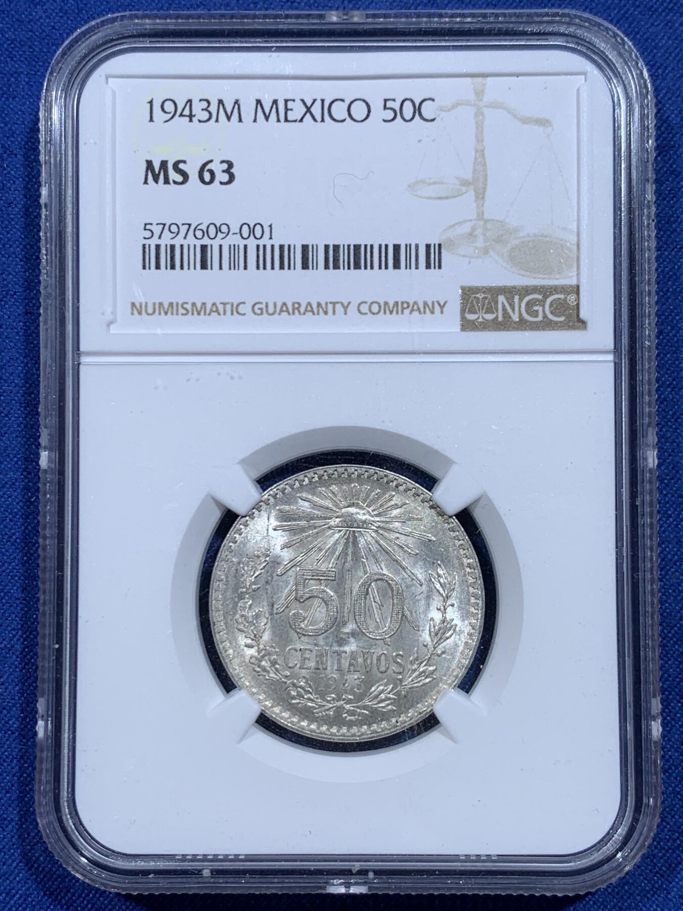 《竞宝斋》第358场 周日，周一  2场连拍 （全场包邮） NGC MS63 墨西哥 1943年 小鹰洋 50分银币