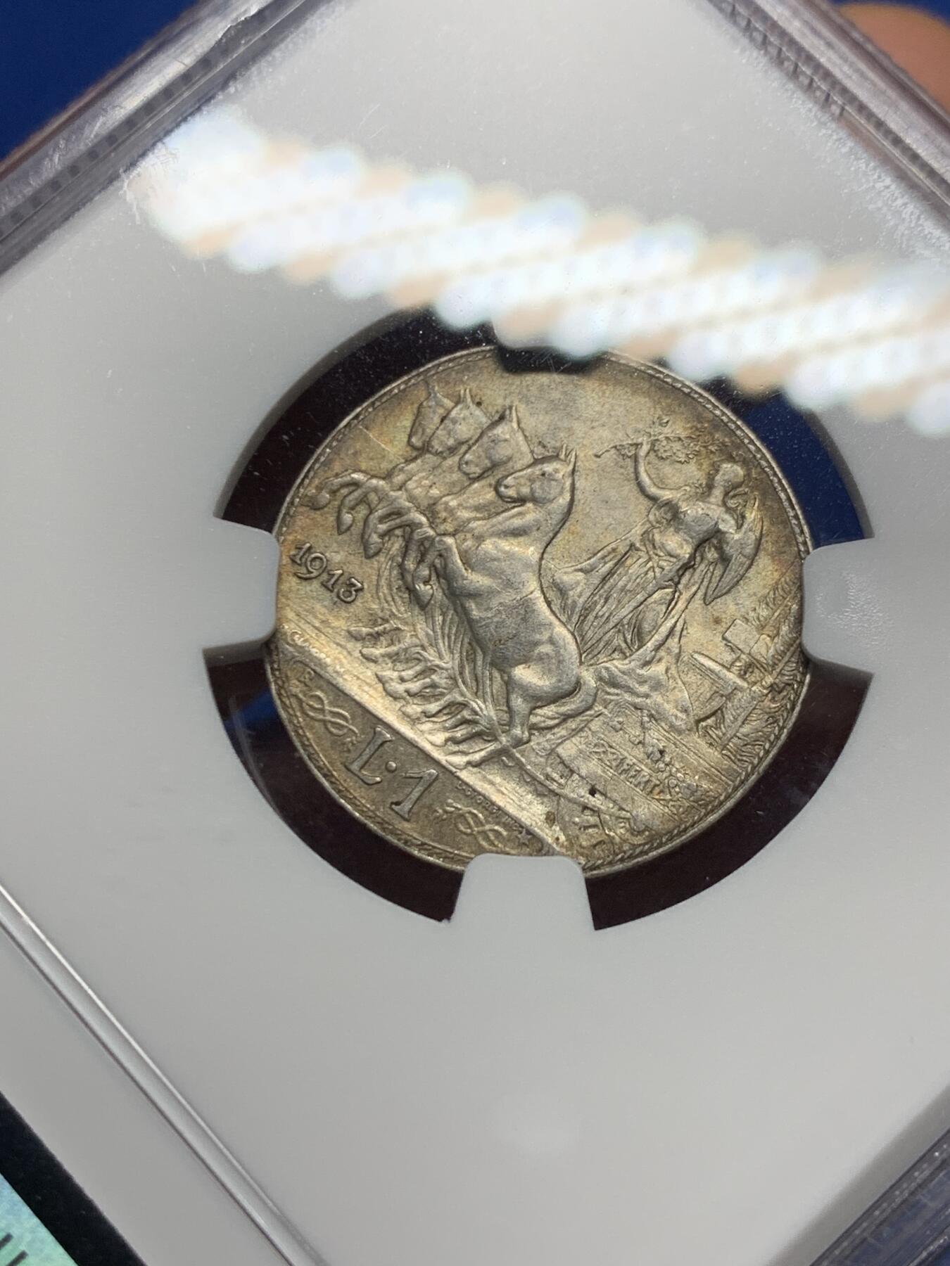 《竞宝斋》第358场 周日，周一  2场连拍 （全场包邮） NGC AU58 意大利1913年圈版马车里拉银币