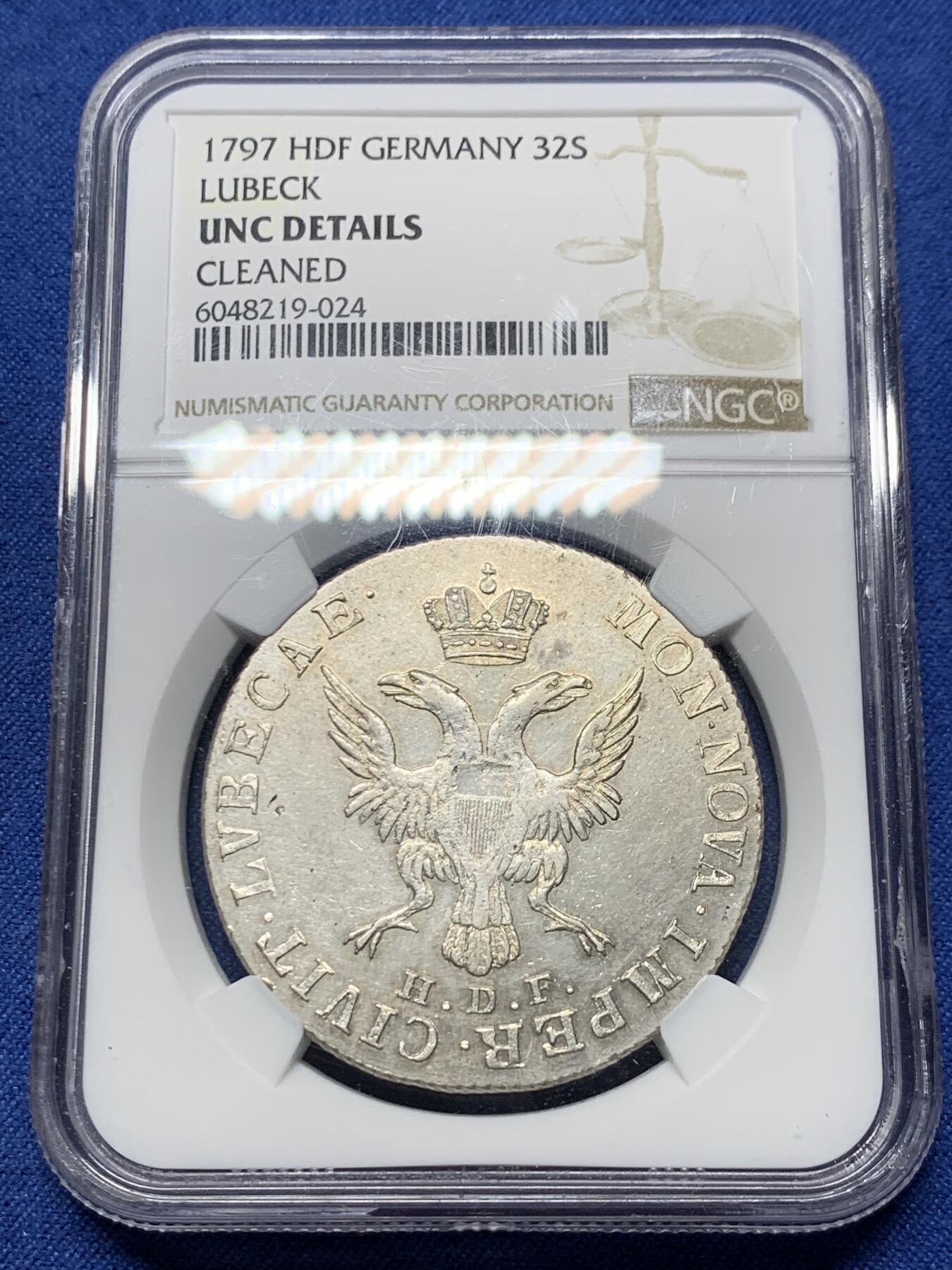 《竞宝斋》第358场 周日，周一  2场连拍 （全场包邮） NGC UNCD 德国吕贝克1797年弗朗西斯二世32先令银币