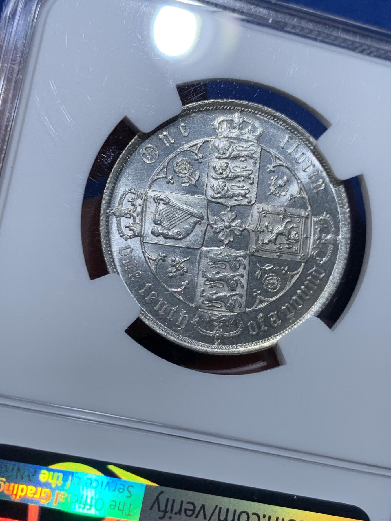 《竞宝斋》第358场 周日，周一  2场连拍 （全场包邮） NGC MS62 英国1886年维多利亚哥特版佛罗林银币 转光底板 经典小维头像