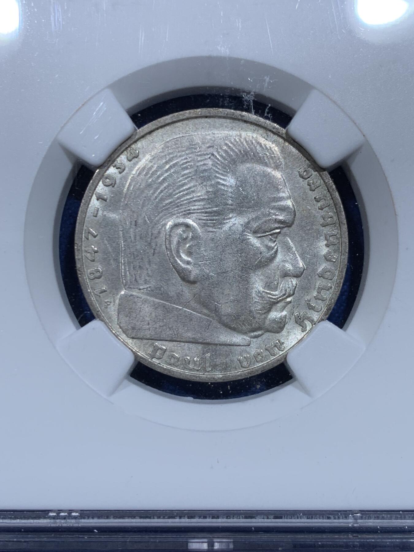 《竞宝斋》第358场 周日，周一  2场连拍 （全场包邮） NGC MS62 德国1939年兴登堡2马克银币