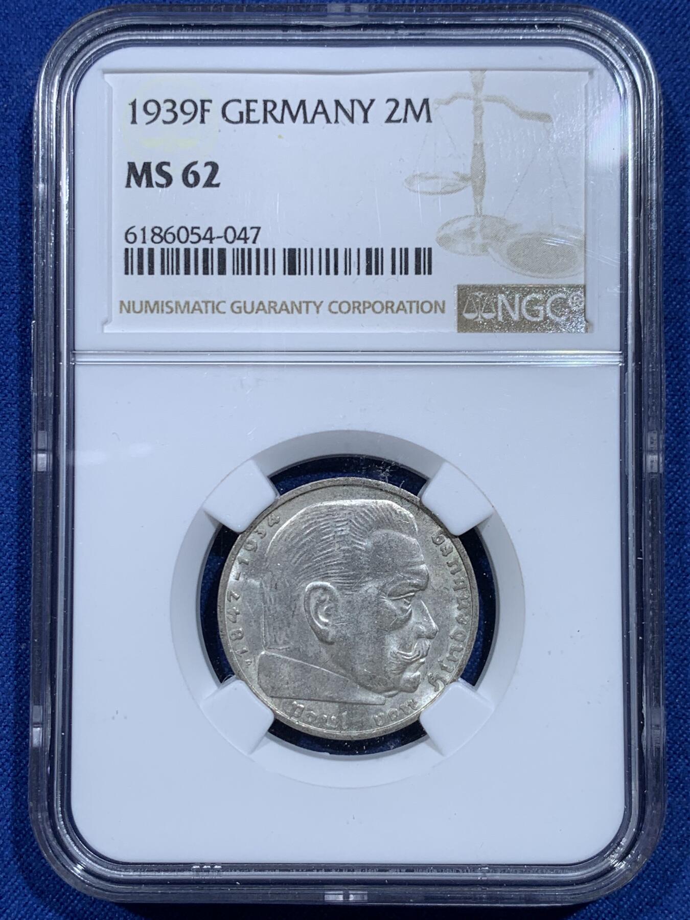 《竞宝斋》第358场 周日，周一  2场连拍 （全场包邮） NGC MS62 德国1939年兴登堡2马克银币