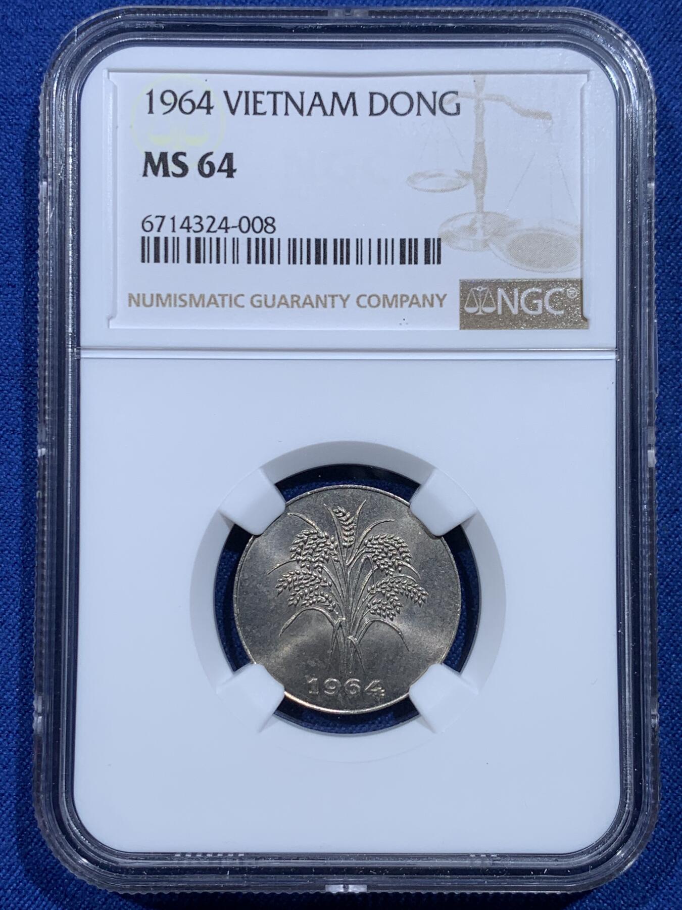 《竞宝斋》第358场 周日，周一  2场连拍 （全场包邮） NGC MS64 越南1964年麦穗1盾镍币，强光好品！