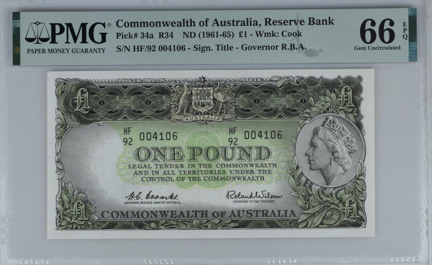 收藏联盟Quantum Auction 第411期拍卖 @征集拍品 长期供货可享分佣福利  1961-65年澳大利亚联邦银行1镑 PMG66E Commonwealth of Australia, Reserve Bank, �1 R34    ND (1961-65) - Wmk: Cook