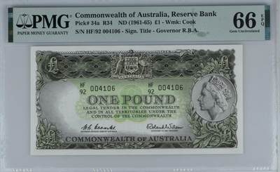 收藏联盟Quantum Auction 第411期拍卖 @征集拍品 长期供货可享分佣福利  - 1961-65年澳大利亚联邦银行1镑 PMG66E Commonwealth of Australia, Reserve Bank, �1 R34    ND (1961-65) - Wmk: Cook