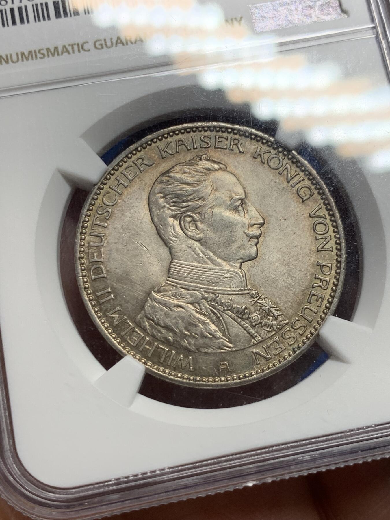 《竞宝斋》第358场 周日，周一  2场连拍 （全场包邮） NGC MS62 德国1914年普鲁士威廉二世军装3马克银币 数量比花枝版稀少