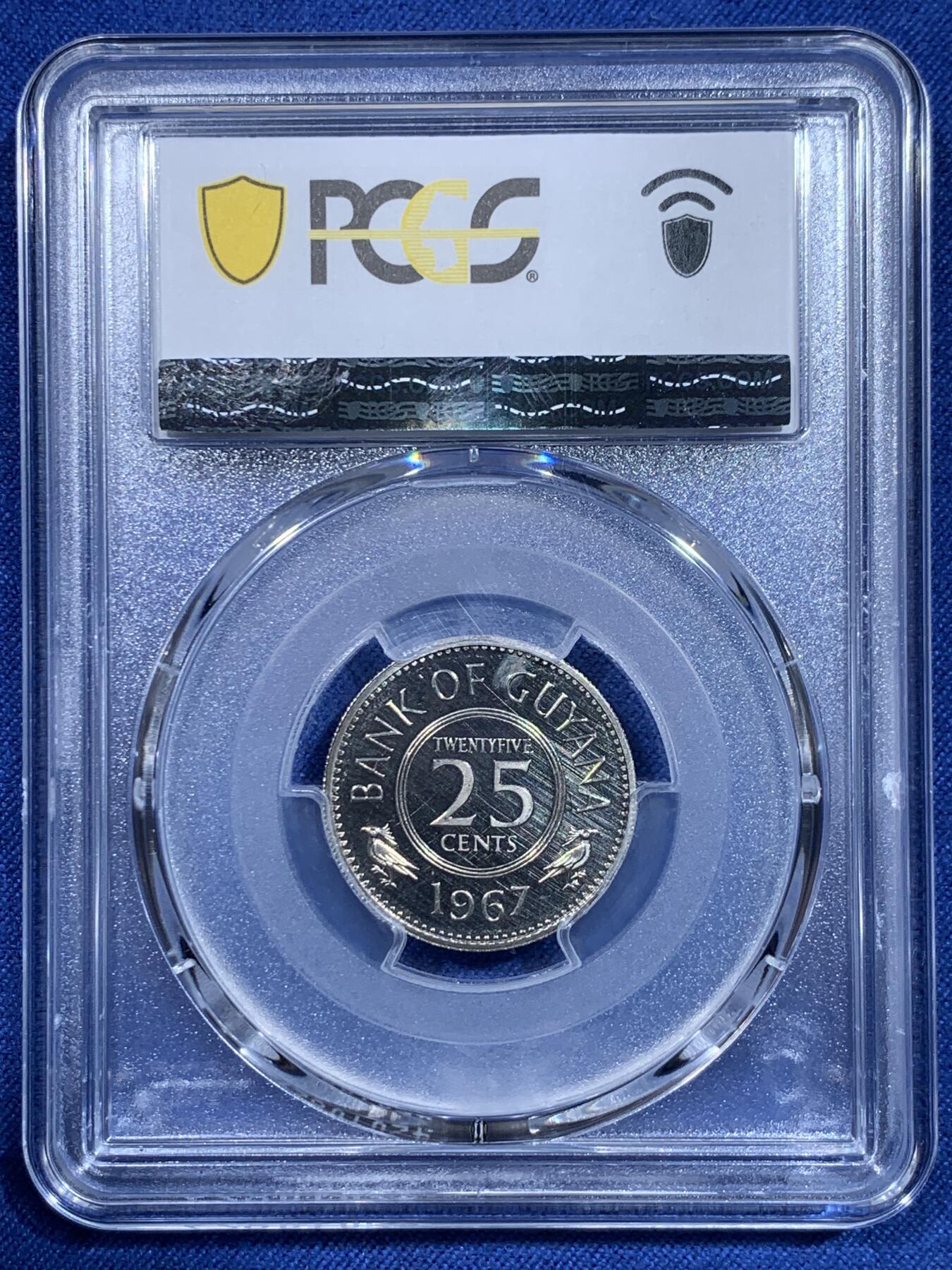 《竞宝斋》第358场 周日，周一  2场连拍 （全场包邮） PCGS PR64CAM 1967圭亚那25分精制币 挺少见的品种 图案富有特色 工艺一般 64已经算不错的分了 有CAM挺少见的
