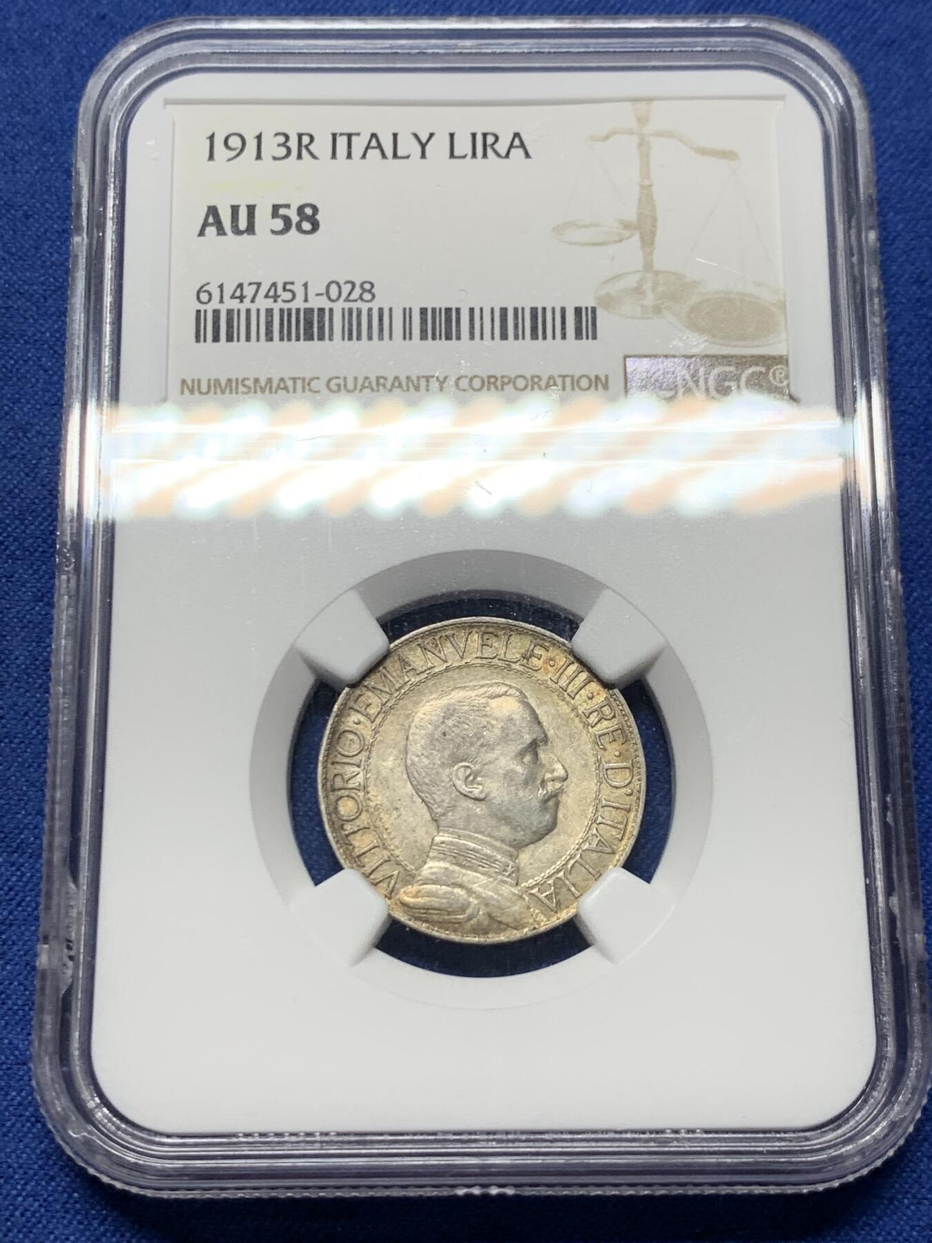 《竞宝斋》第358场 周日，周一  2场连拍 （全场包邮） NGC AU58 意大利1913年圈版马车里拉银币