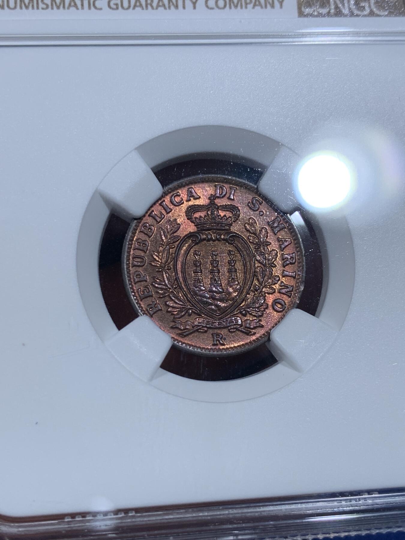《竞宝斋》第358场 周日，周一  2场连拍 （全场包邮） NGC MS64RB 1935圣马力诺5分铜币 细节很清楚 几乎没有划痕 铜色厚重 很不错的小东西