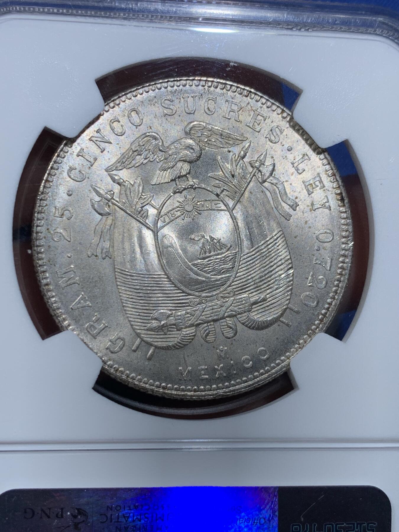 《竞宝斋》第358场 周日，周一  2场连拍 （全场包邮） NGC MS63 厄瓜多尔1944年5苏克雷银币 原汁原味老包浆，包浆醇厚，状态极佳。