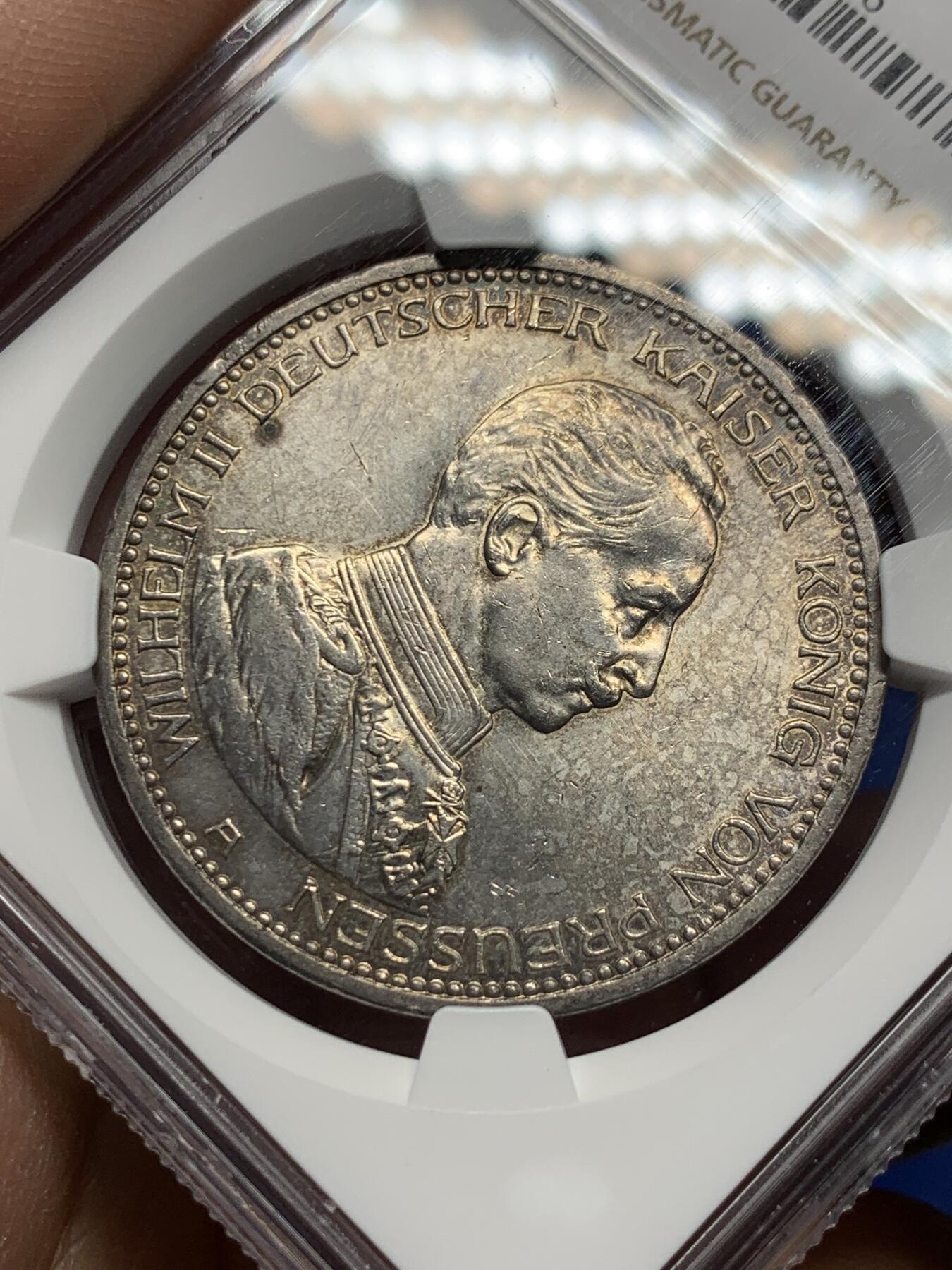《竞宝斋》第358场 周日，周一  2场连拍 （全场包邮） NGC MS62 德国1913年普鲁士威廉二世军装5马克银币