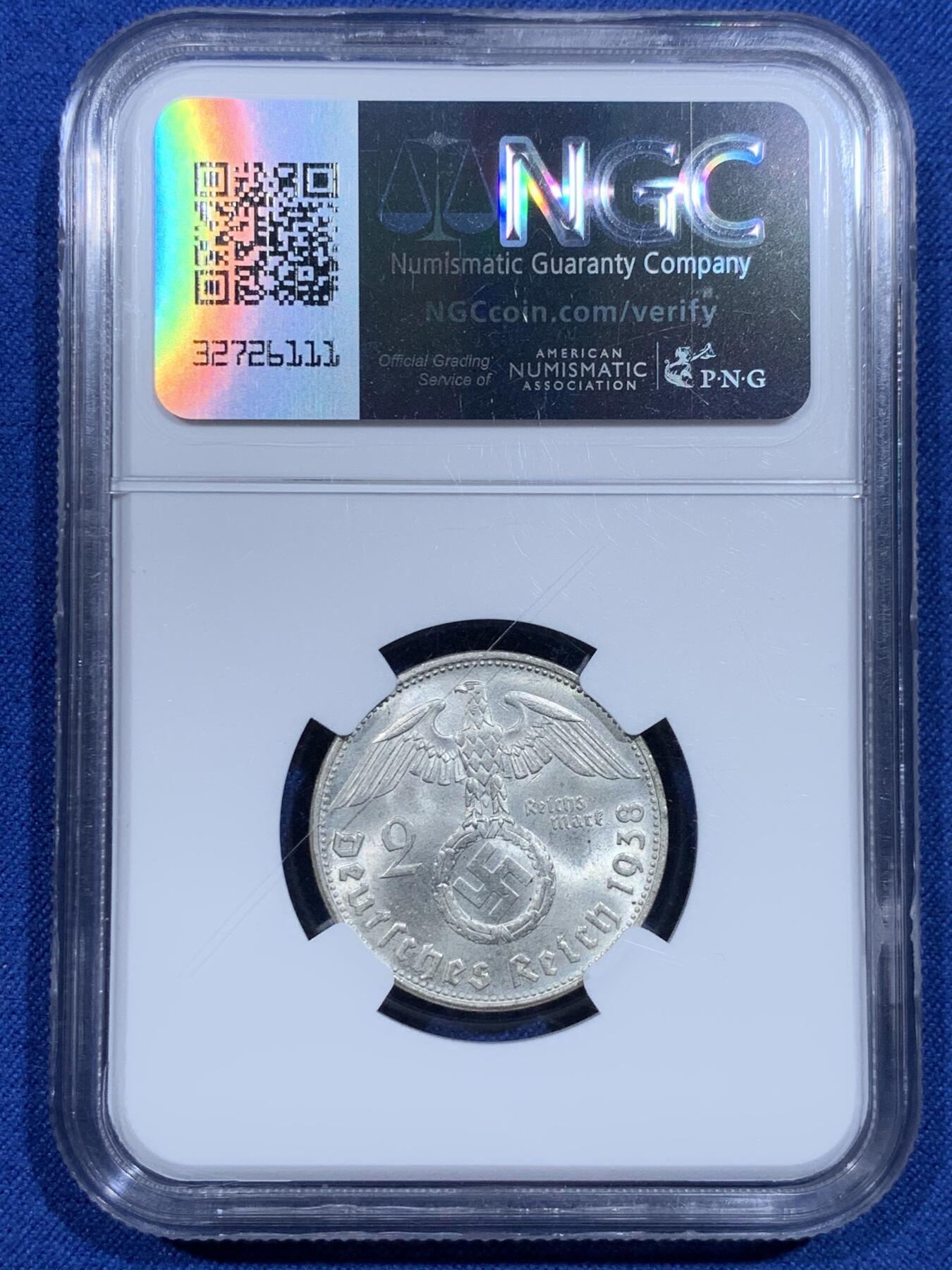 《竞宝斋》第358场 周日，周一  2场连拍 （全场包邮） NGC MS65 德国1938年2马克银币，冠军分 银光闪耀