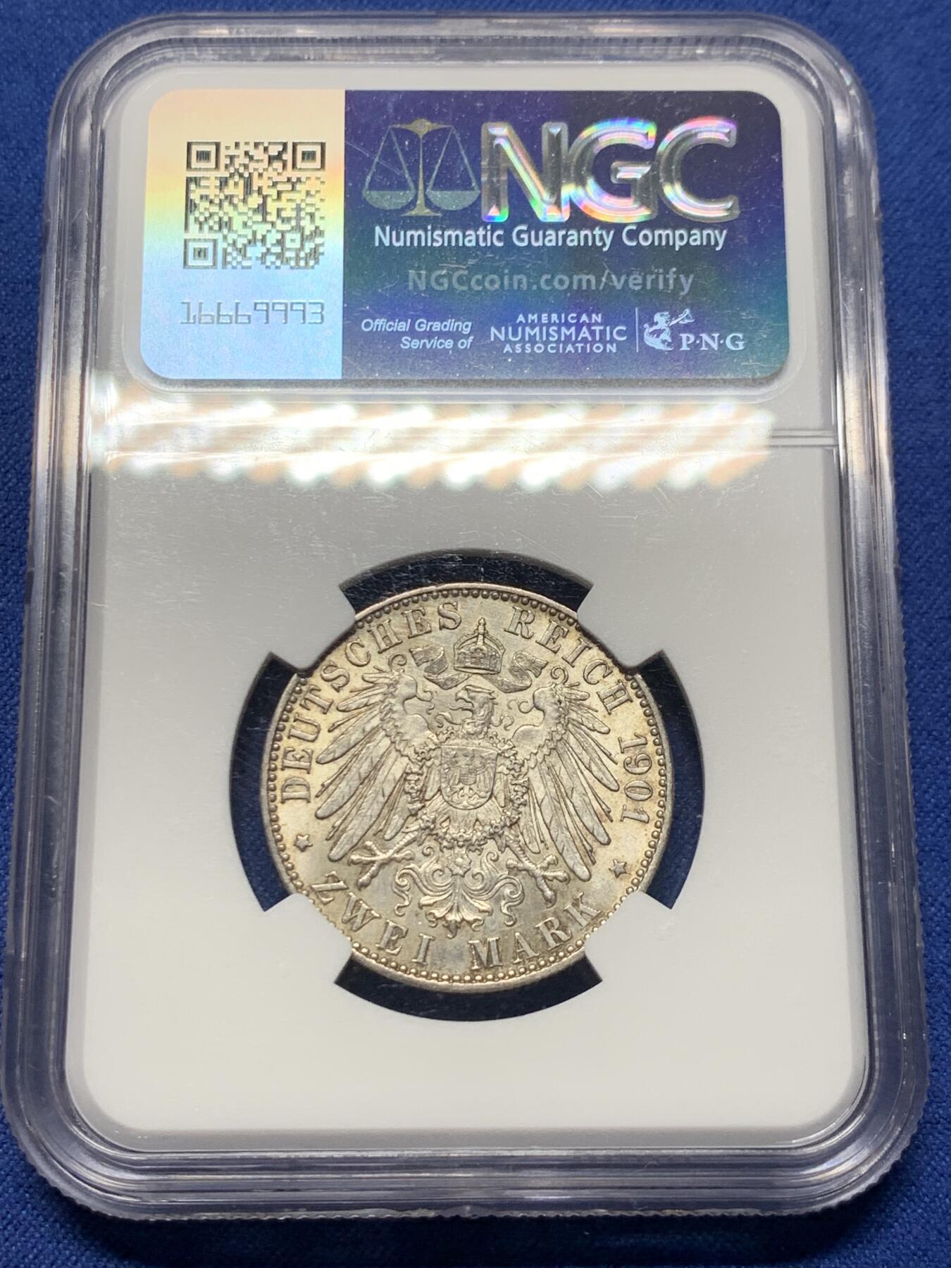 《竞宝斋》第358场 周日，周一  2场连拍 （全场包邮） NGC MS61 德国普鲁士1901年建国200周年纪念2马克银币